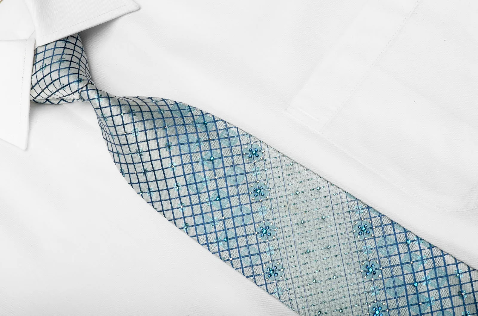 Giorgio Ferri Mens Crystal Rhinestone Silk Tie Trellis On Blue With Sparkles