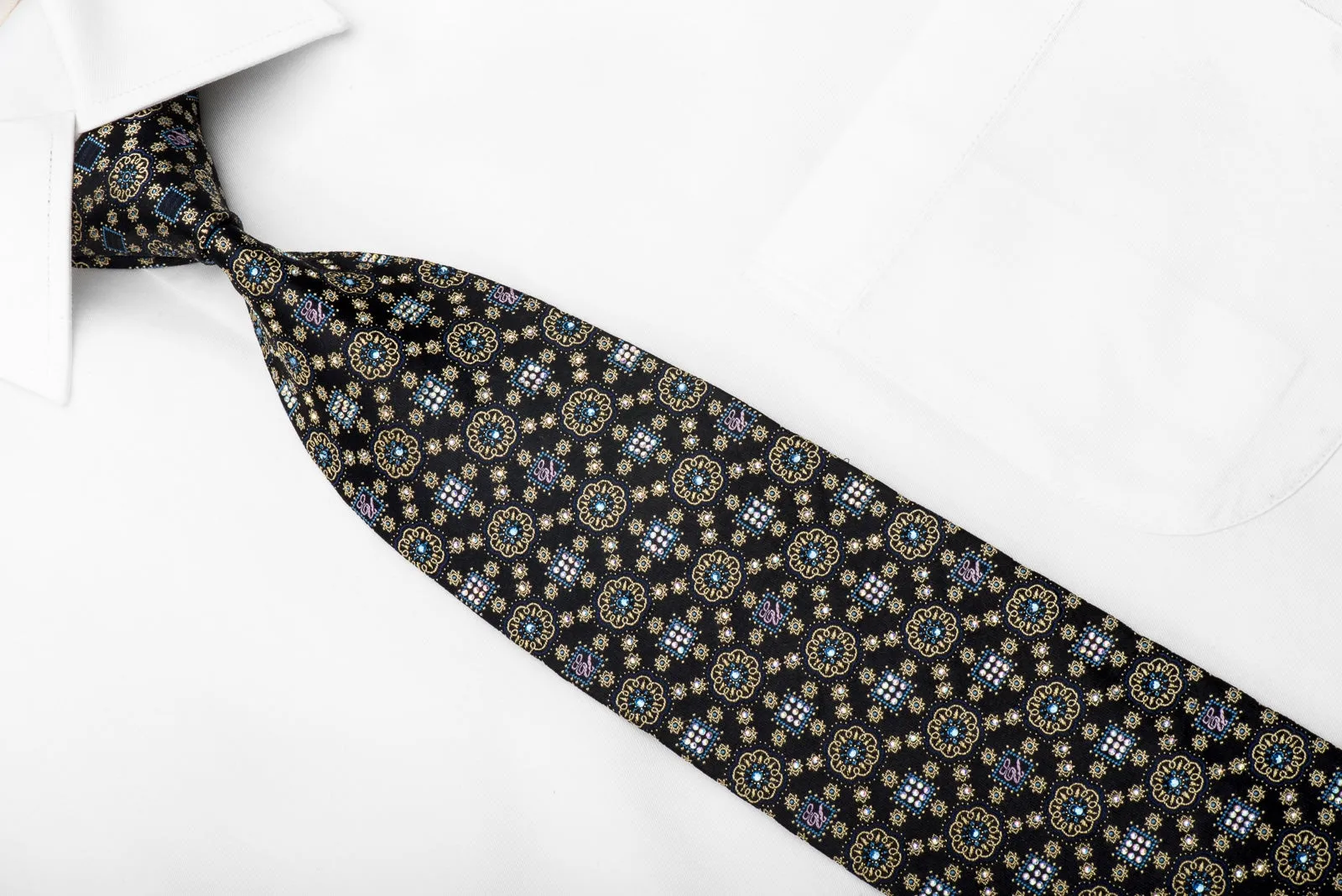 Golden Medallions On Navy Men's Crystal Rhinestone Silk Necktie With Silver Sparkles