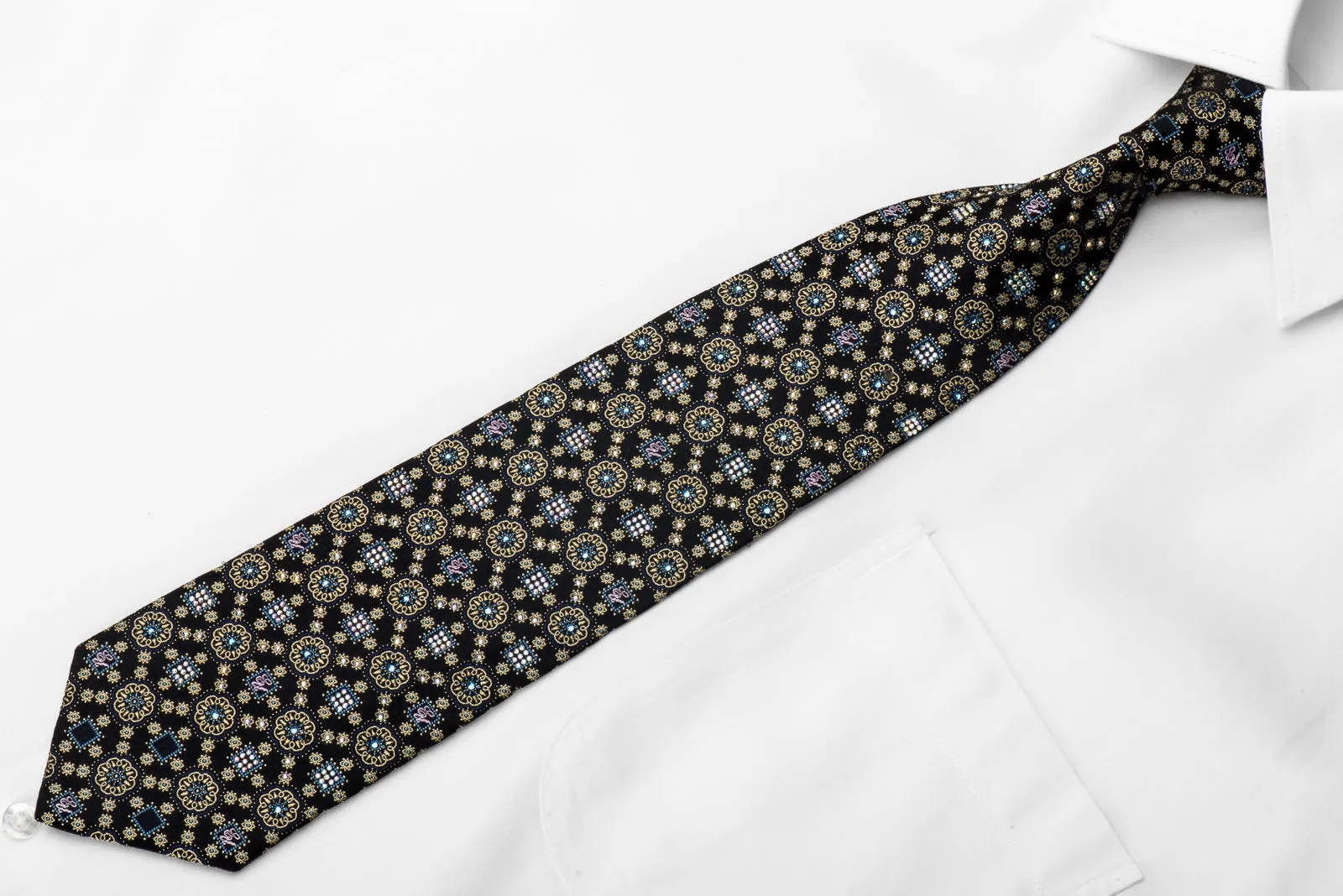 Golden Medallions On Navy Men's Crystal Rhinestone Silk Necktie With Silver Sparkles