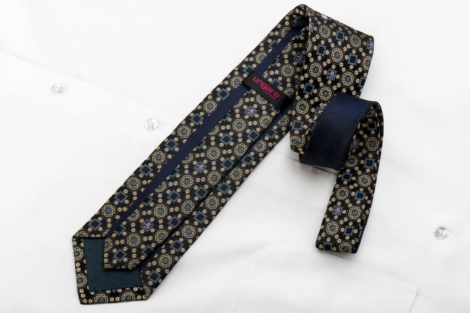 Golden Medallions On Navy Men's Crystal Rhinestone Silk Necktie With Silver Sparkles