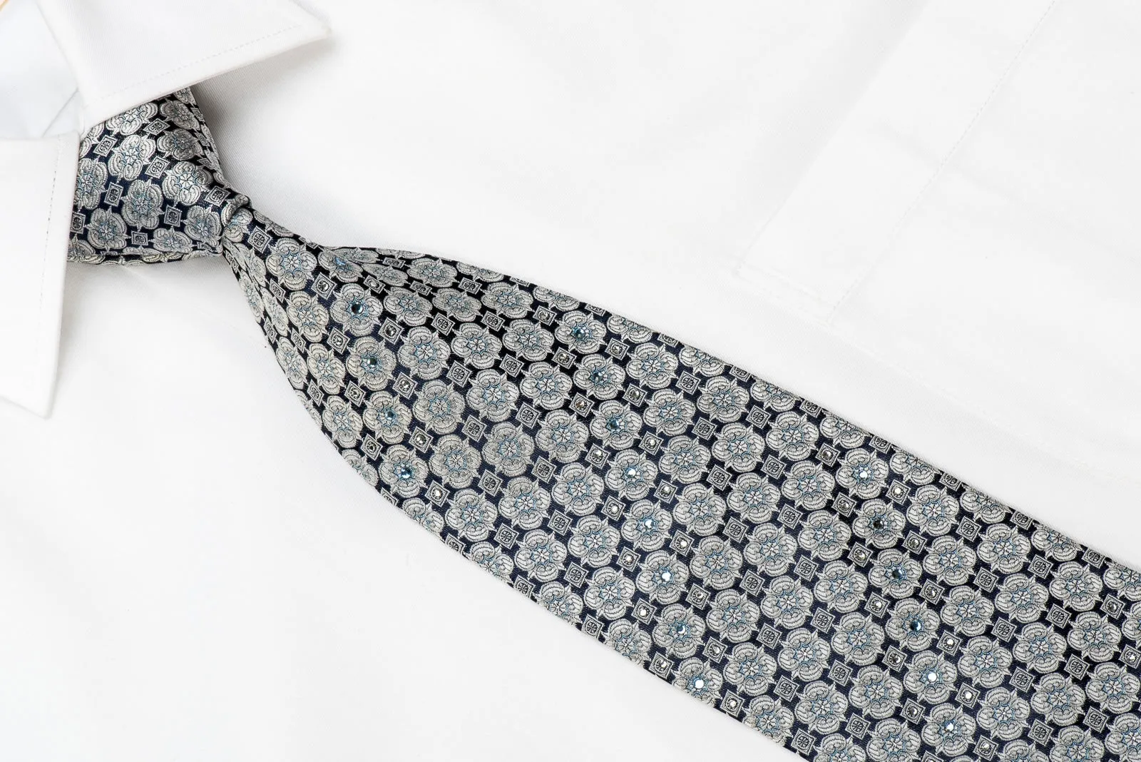 Indian Homme Men's Crystal Necktie Silver Foulard On Navy Blue With Silver Sparkles