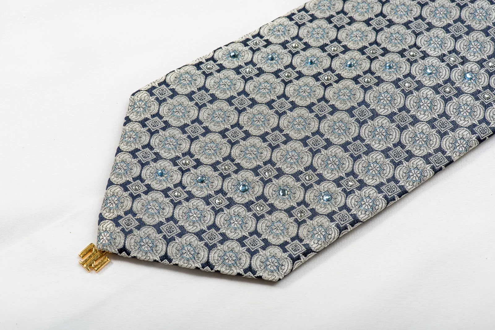 Indian Homme Men's Crystal Necktie Silver Foulard On Navy Blue With Silver Sparkles