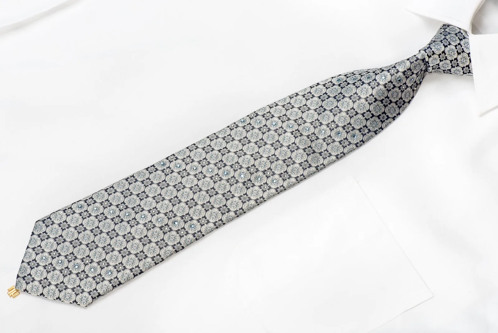 Indian Homme Men's Crystal Necktie Silver Foulard On Navy Blue With Silver Sparkles