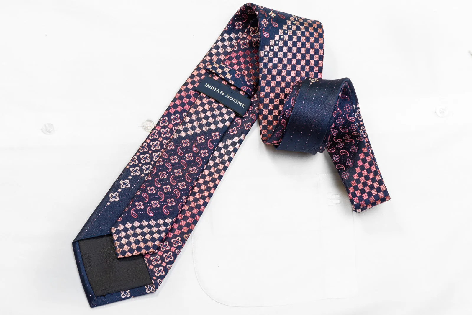 Indian Homme Men's Rhinestone Silk Necktie Pink Paisley & Checker On Navy With Purple Sparkles