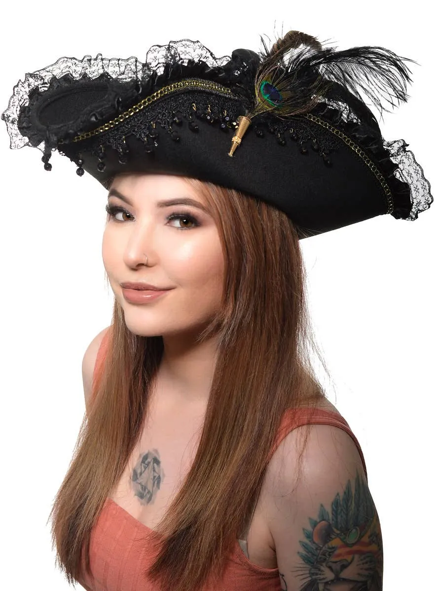 Lady Pirate Deluxe Black Costume Hat with Feathers