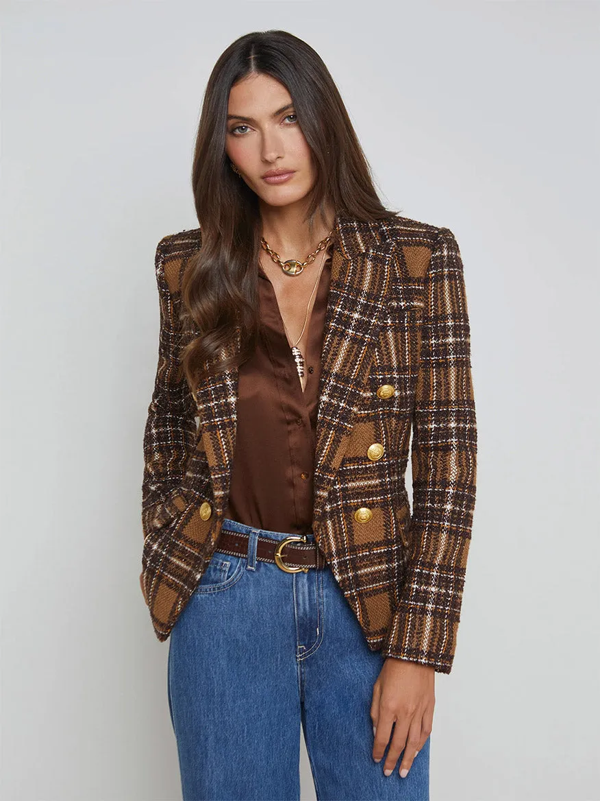 L'Agence Kenzie Blazer in Blue Brown/Yellow Plaid
