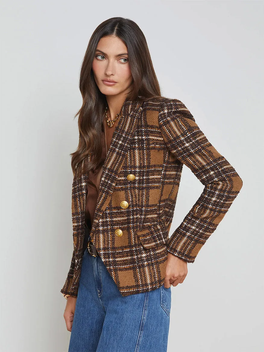 L'Agence Kenzie Blazer in Blue Brown/Yellow Plaid