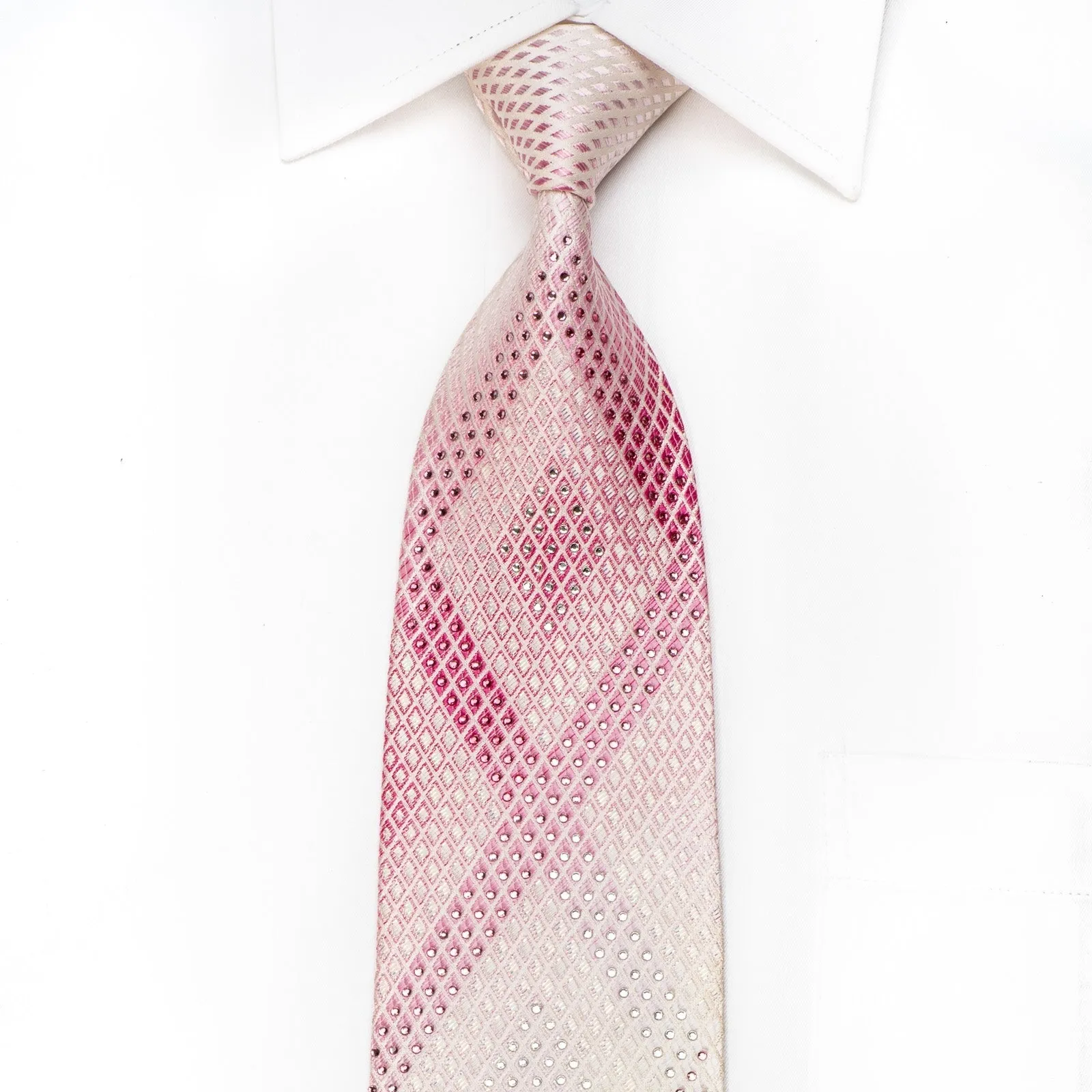 Lancetti Men's Crystal Silk Necktie Geometric On Pink With Silver Sparkles