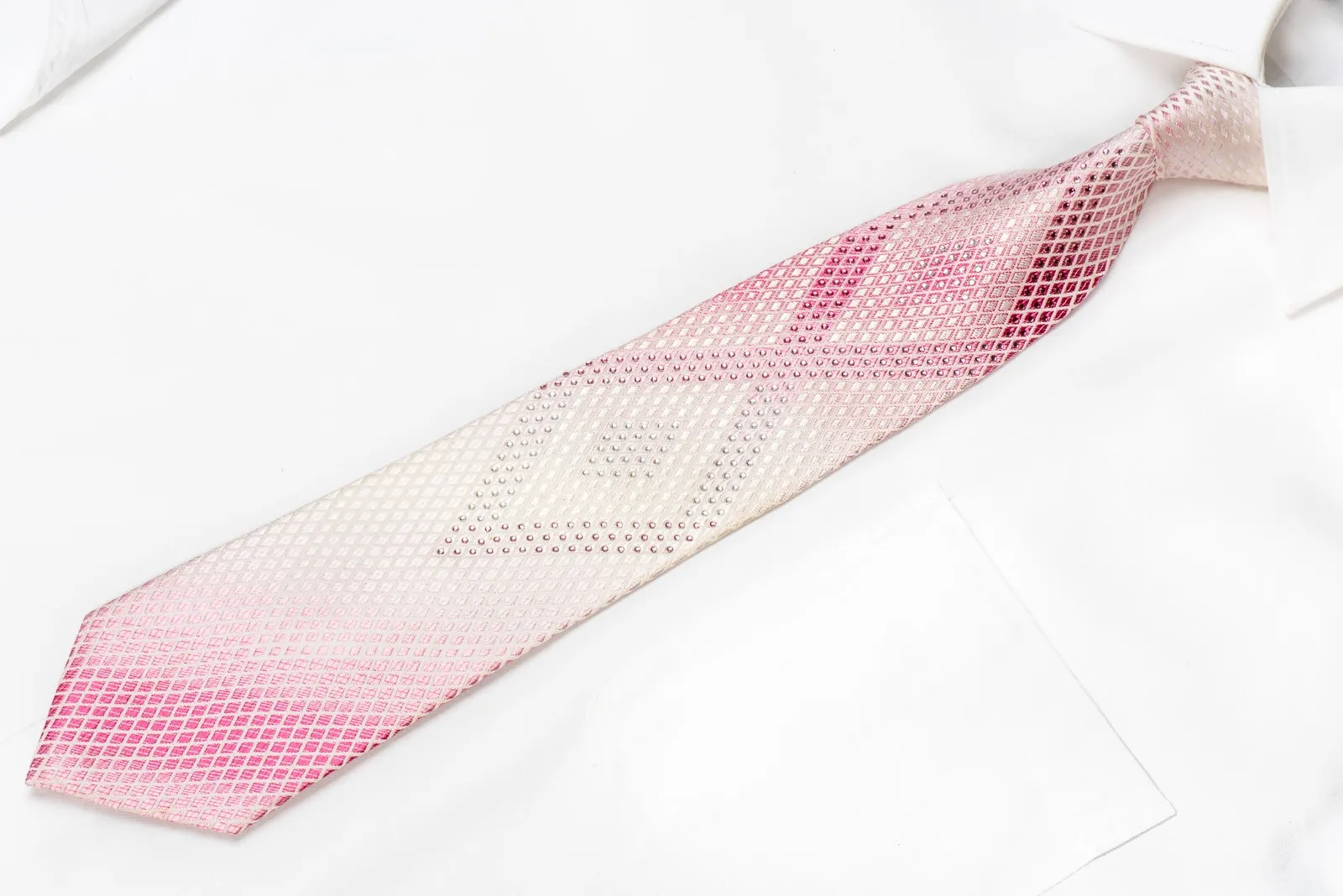 Lancetti Men's Crystal Silk Necktie Geometric On Pink With Silver Sparkles