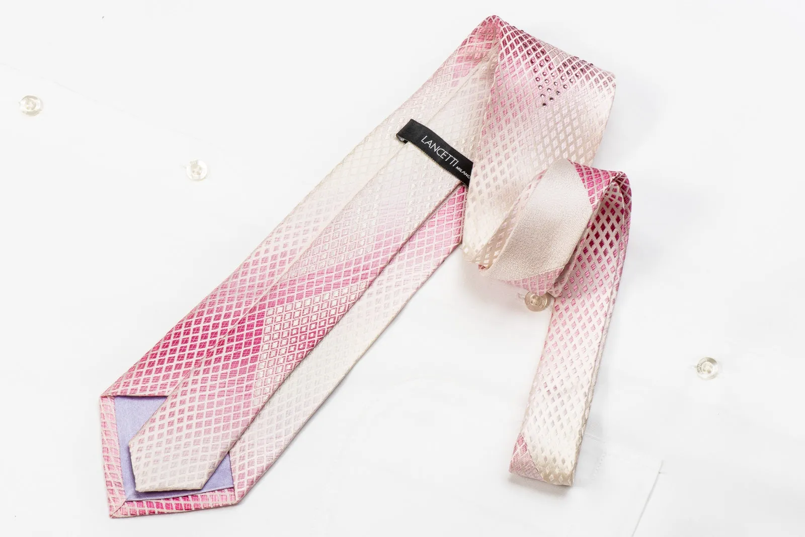 Lancetti Men's Crystal Silk Necktie Geometric On Pink With Silver Sparkles