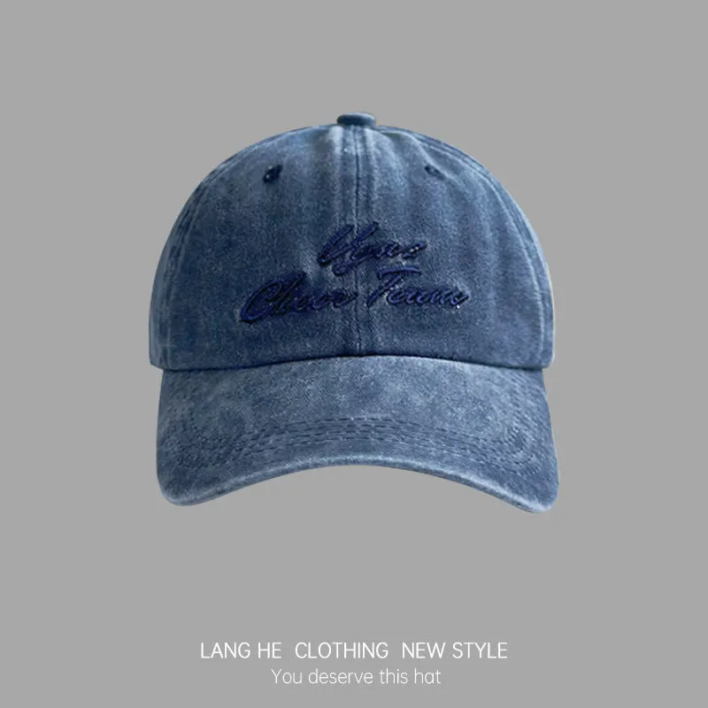 Letter embroidered baseball cap for women, washed and distressed, soft top, casual, all-match, peaked cap for young men