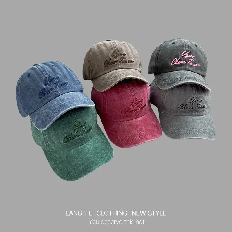 Letter embroidered baseball cap for women, washed and distressed, soft top, casual, all-match, peaked cap for young men