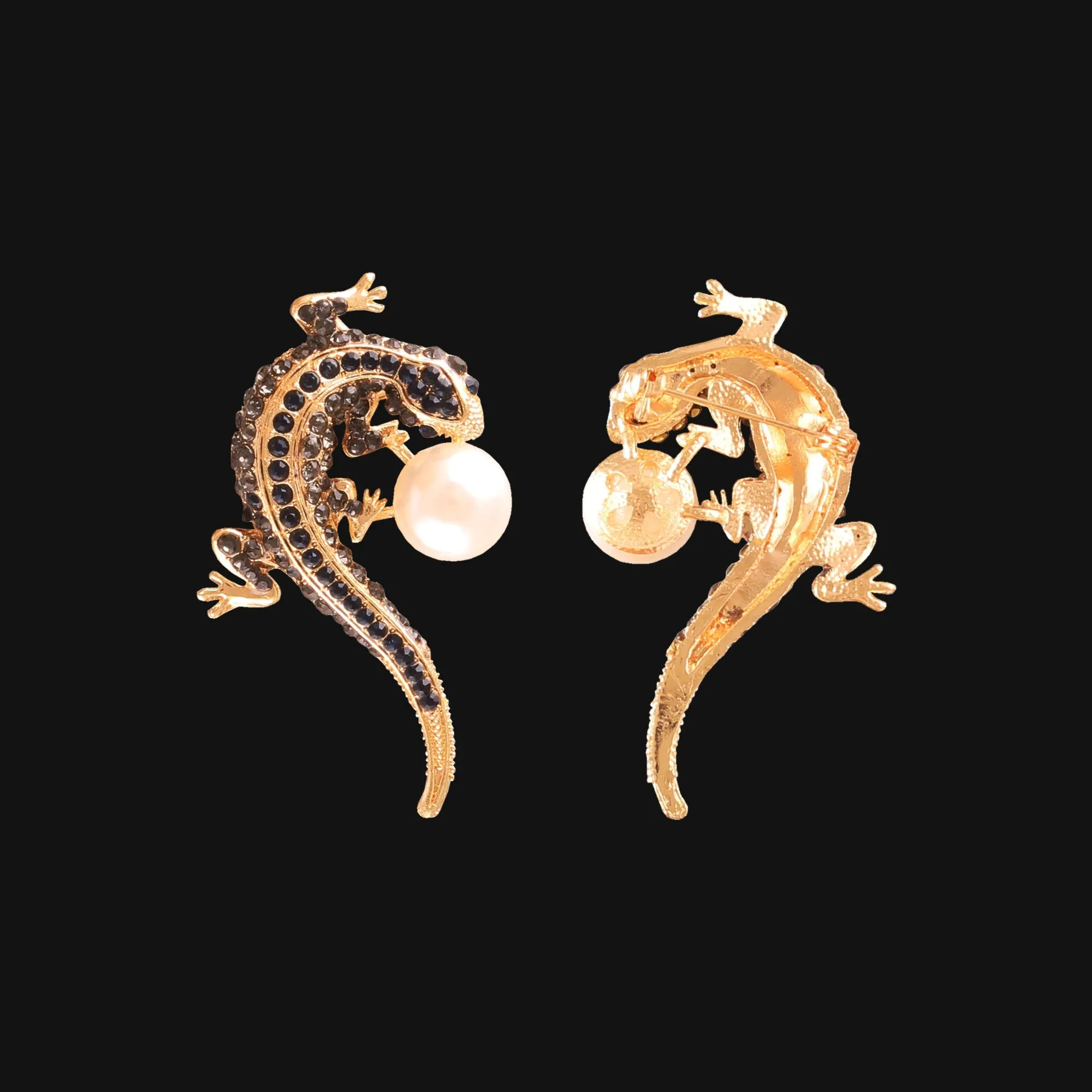 Lizard Design Diamond And Pearl Insect Brooch Pin