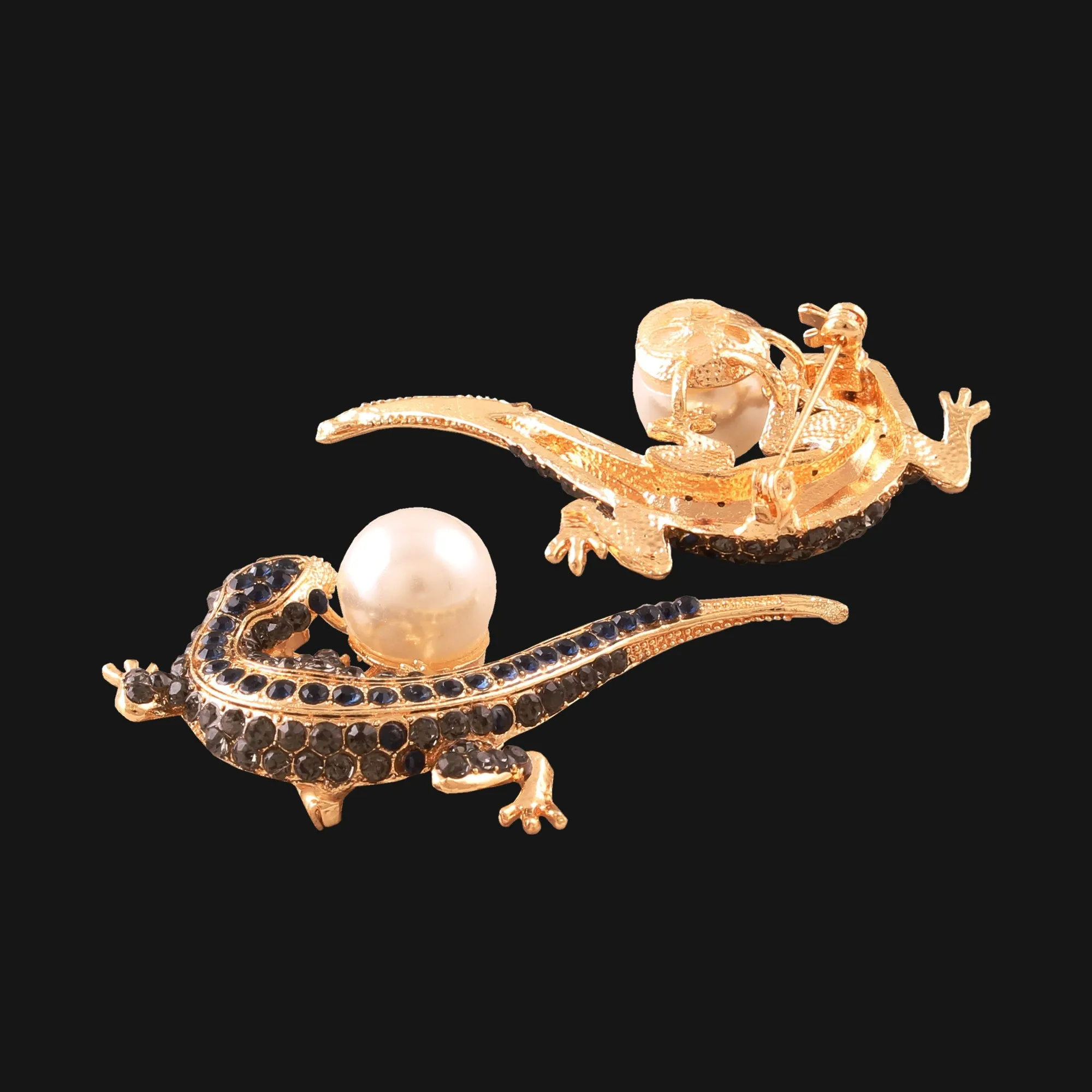 Lizard Design Diamond And Pearl Insect Brooch Pin