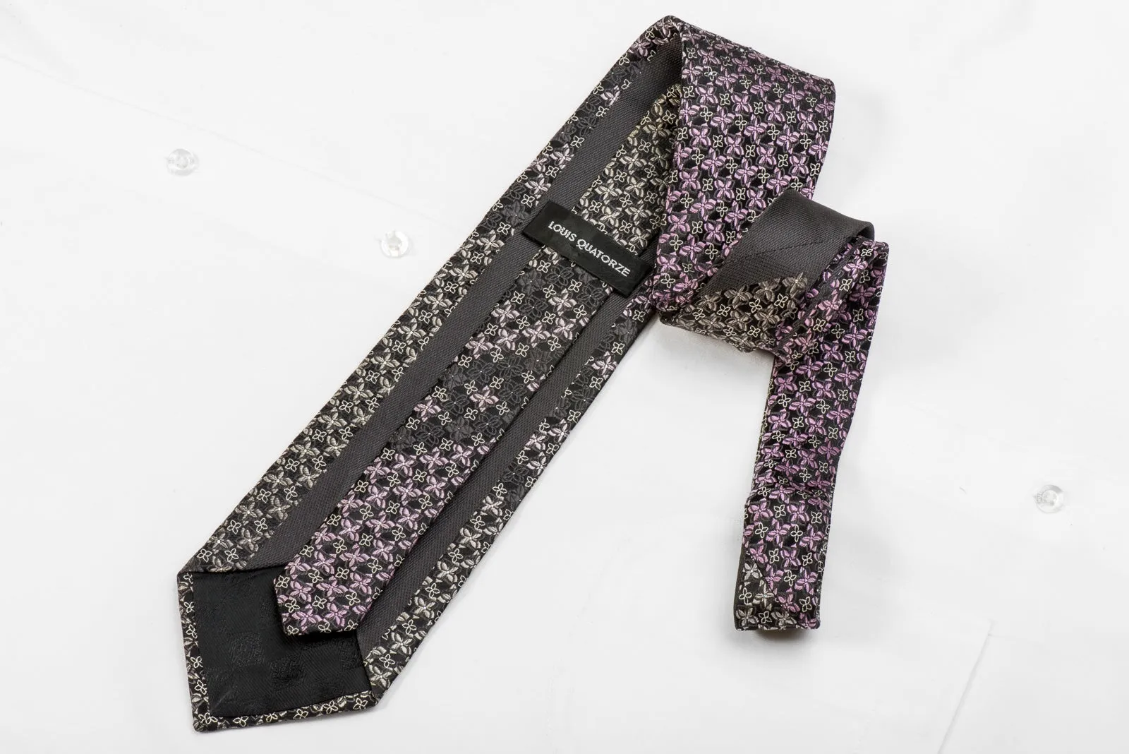 Louis Quatorze Men's Crystal Silk Necktie Silver Pink Floral On Black With Silver Sparkles