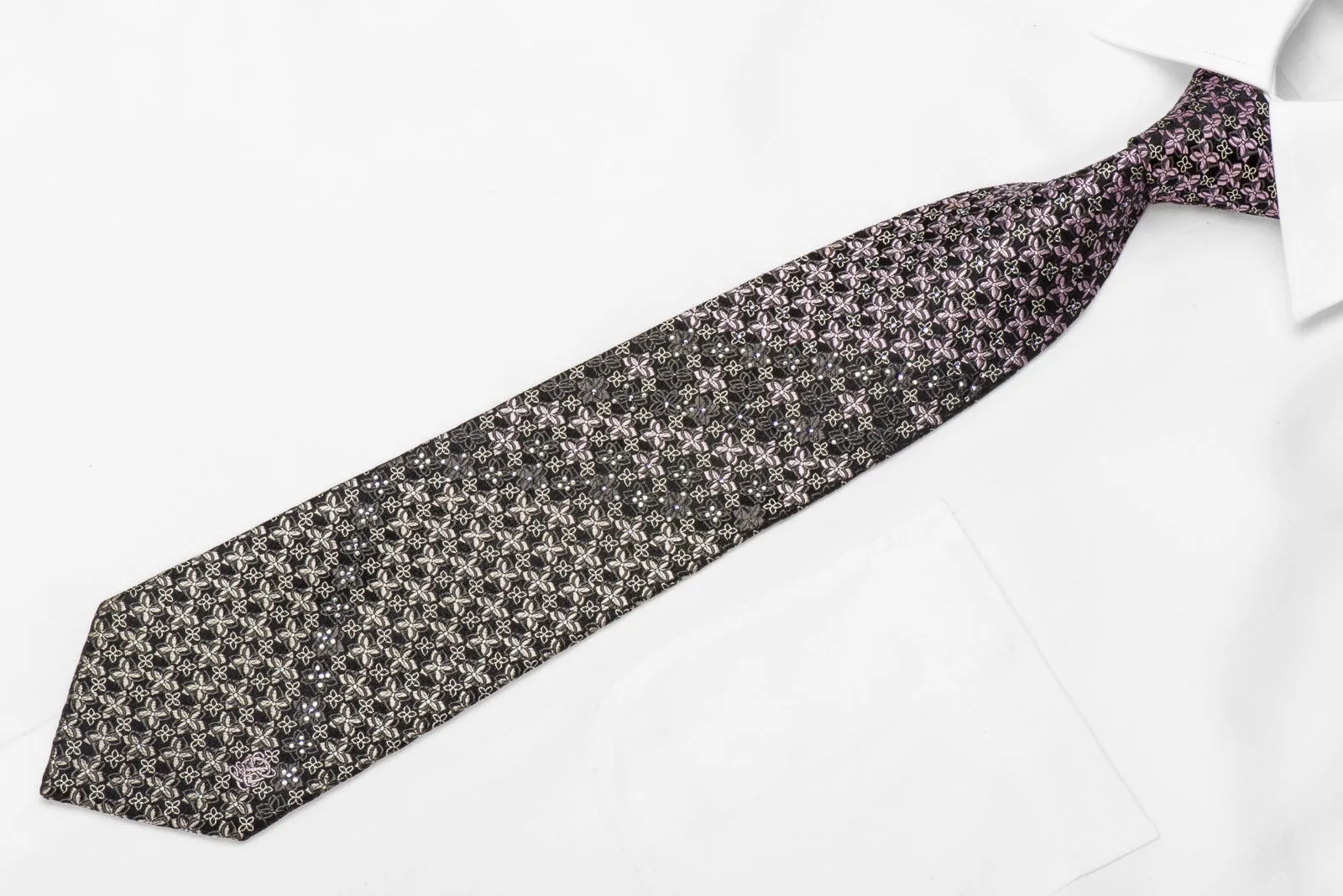 Louis Quatorze Men's Crystal Silk Necktie Silver Pink Floral On Black With Silver Sparkles