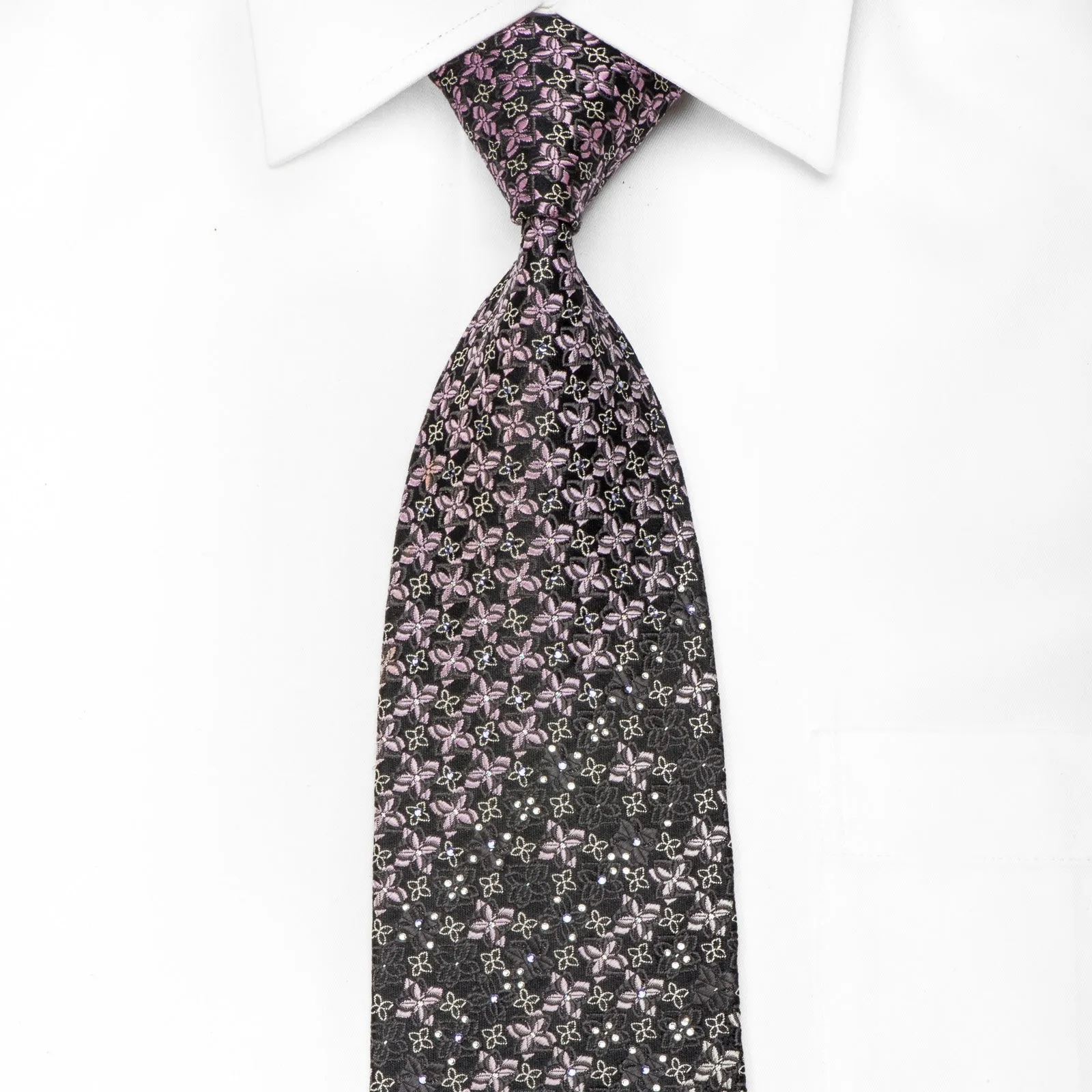 Louis Quatorze Men's Crystal Silk Necktie Silver Pink Floral On Black With Silver Sparkles