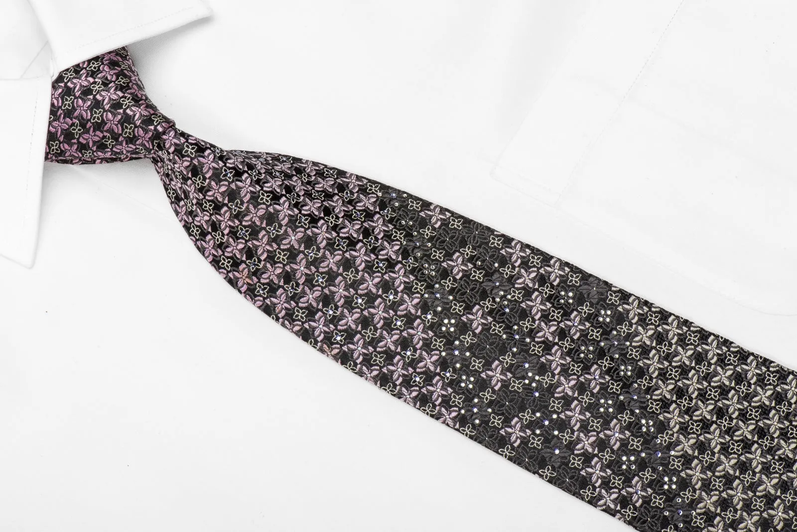 Louis Quatorze Men's Crystal Silk Necktie Silver Pink Floral On Black With Silver Sparkles