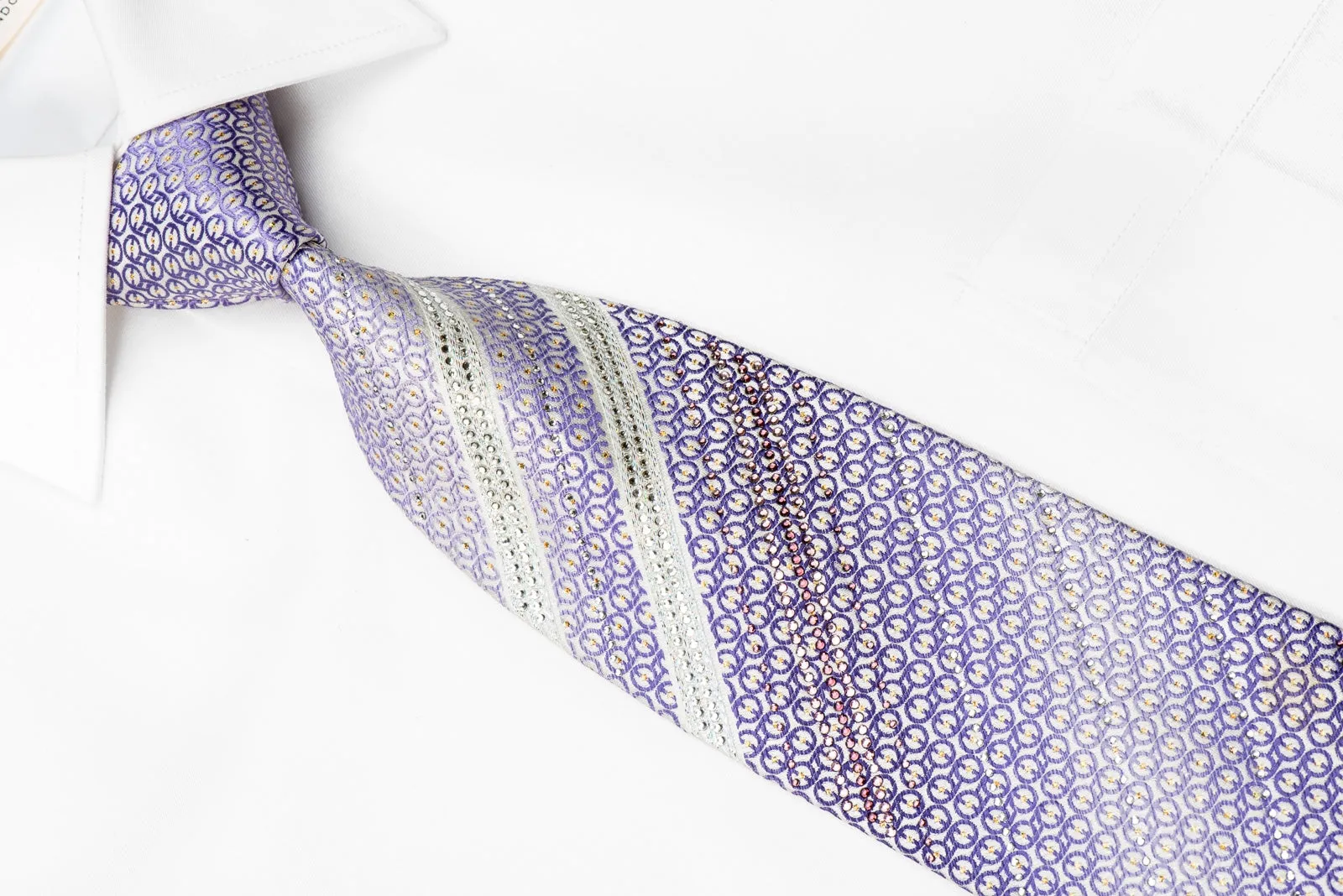 Louis Quatorze Men's Crystal Tie Purple Ovals On White Silk With Gold Sparkles