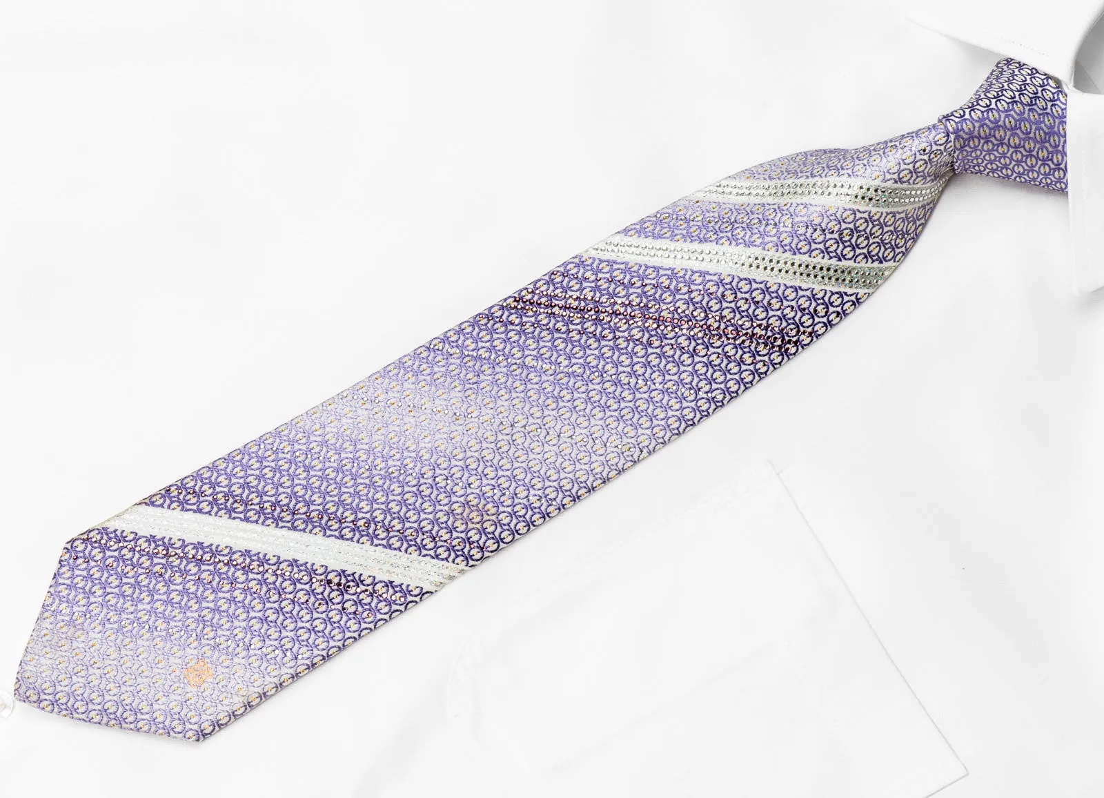 Louis Quatorze Men's Crystal Tie Purple Ovals On White Silk With Gold Sparkles