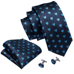 Men's Blue Heart Novelty 100% Silk Neck Tie With Matching Hanky And Cufflinks Set