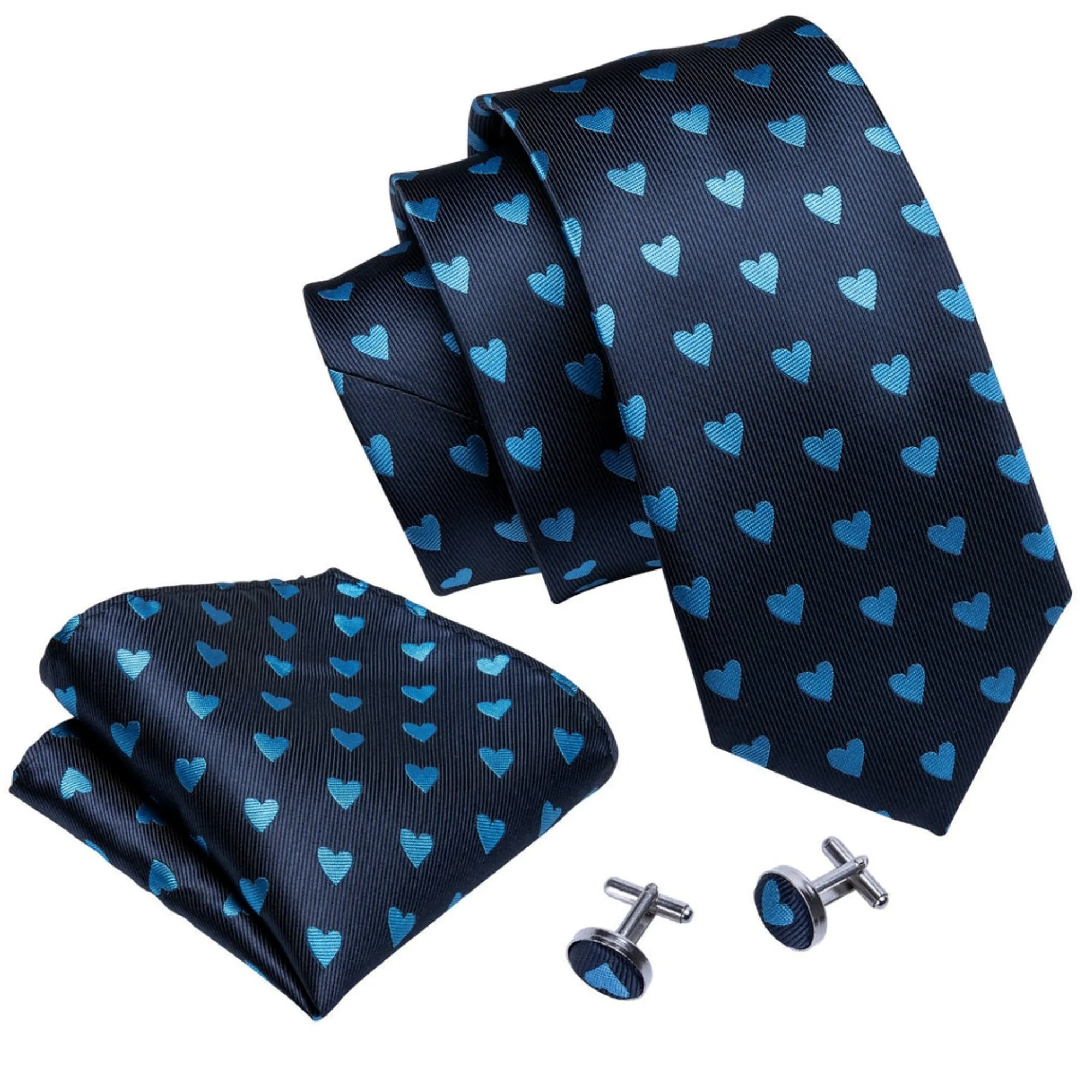 Men's Blue Heart Novelty 100% Silk Neck Tie With Matching Hanky And Cufflinks Set