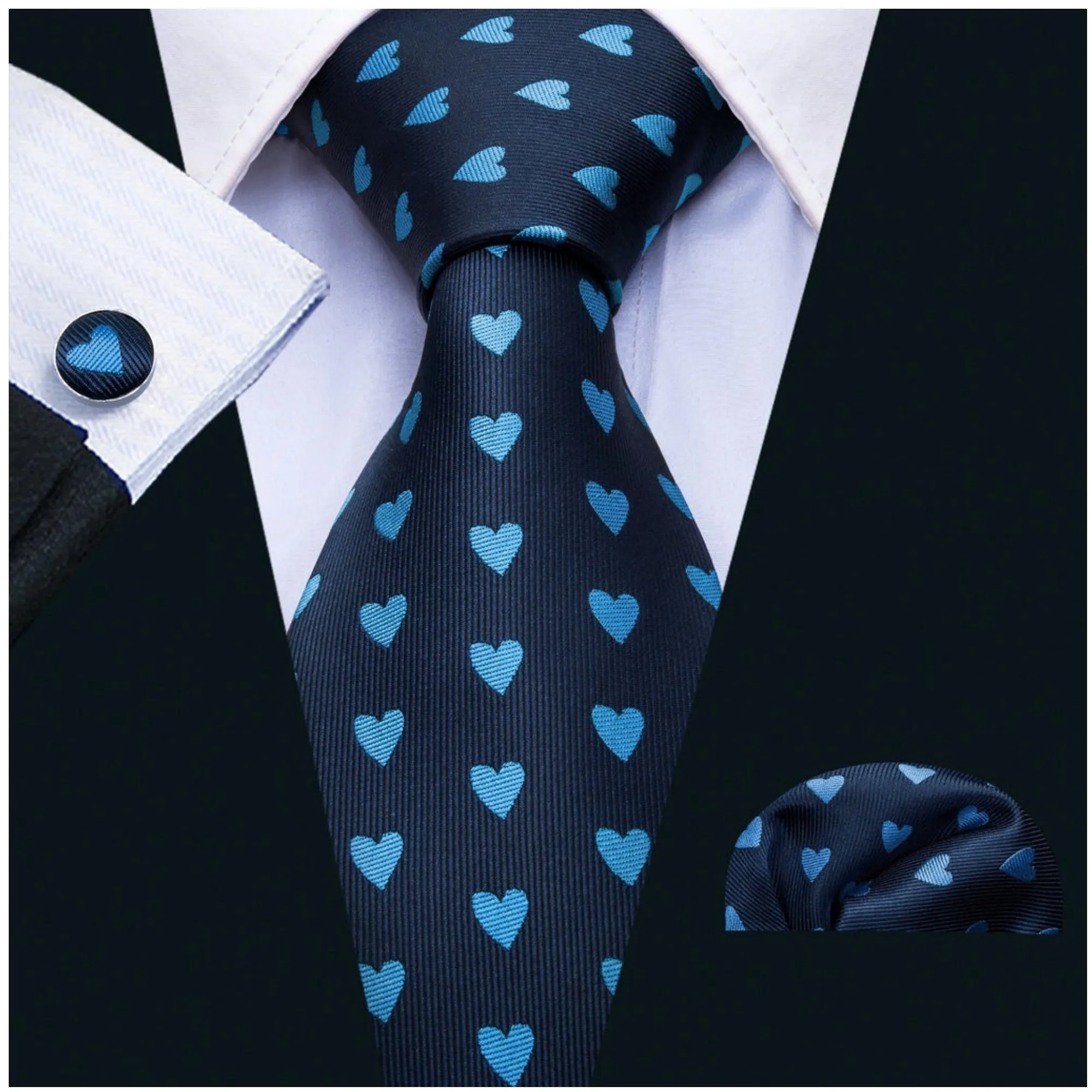 Men's Blue Heart Novelty 100% Silk Neck Tie With Matching Hanky And Cufflinks Set