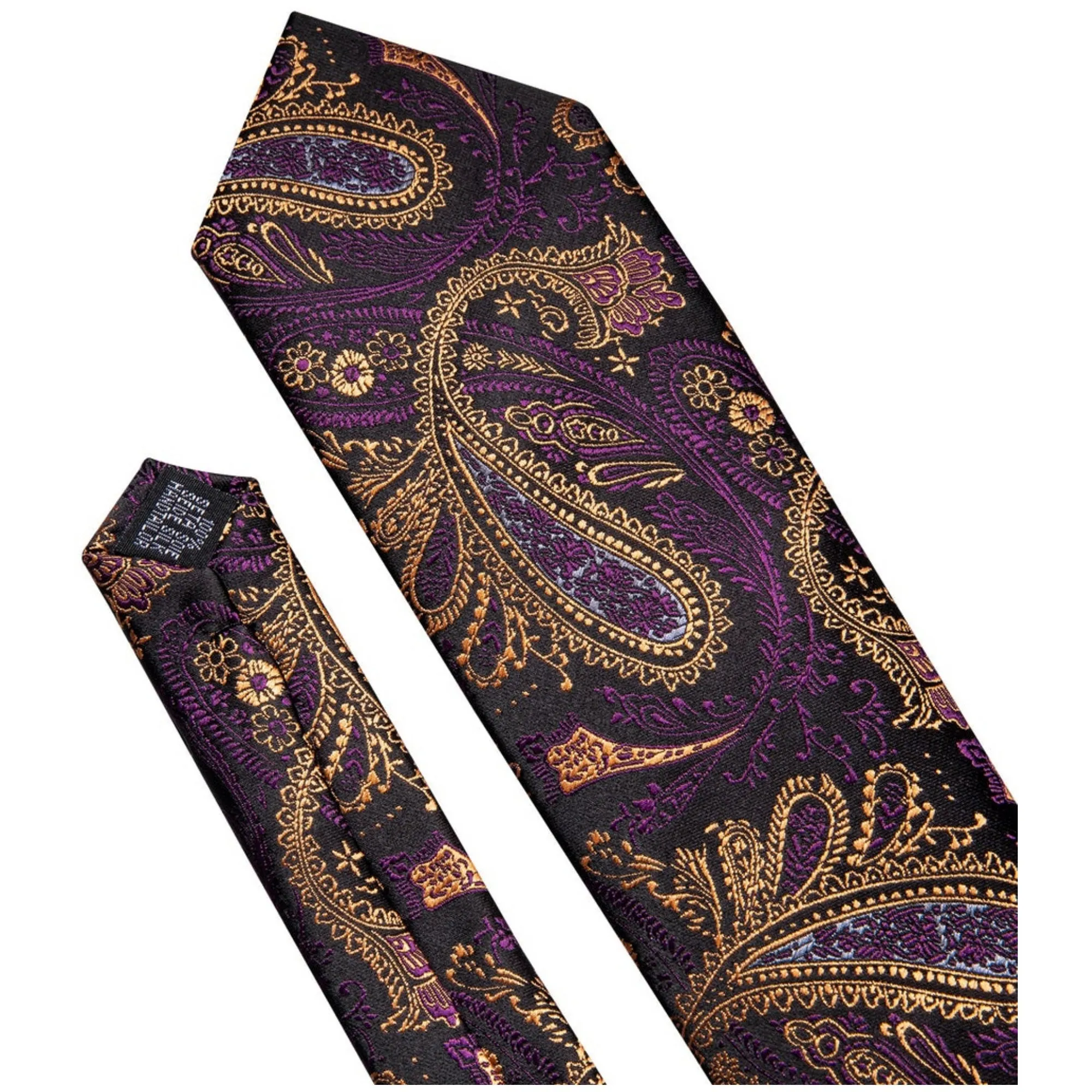 Men's Purple And Yellow Paisley 100% Silk Neck Tie With Matching Hanky And Cufflinks Set
