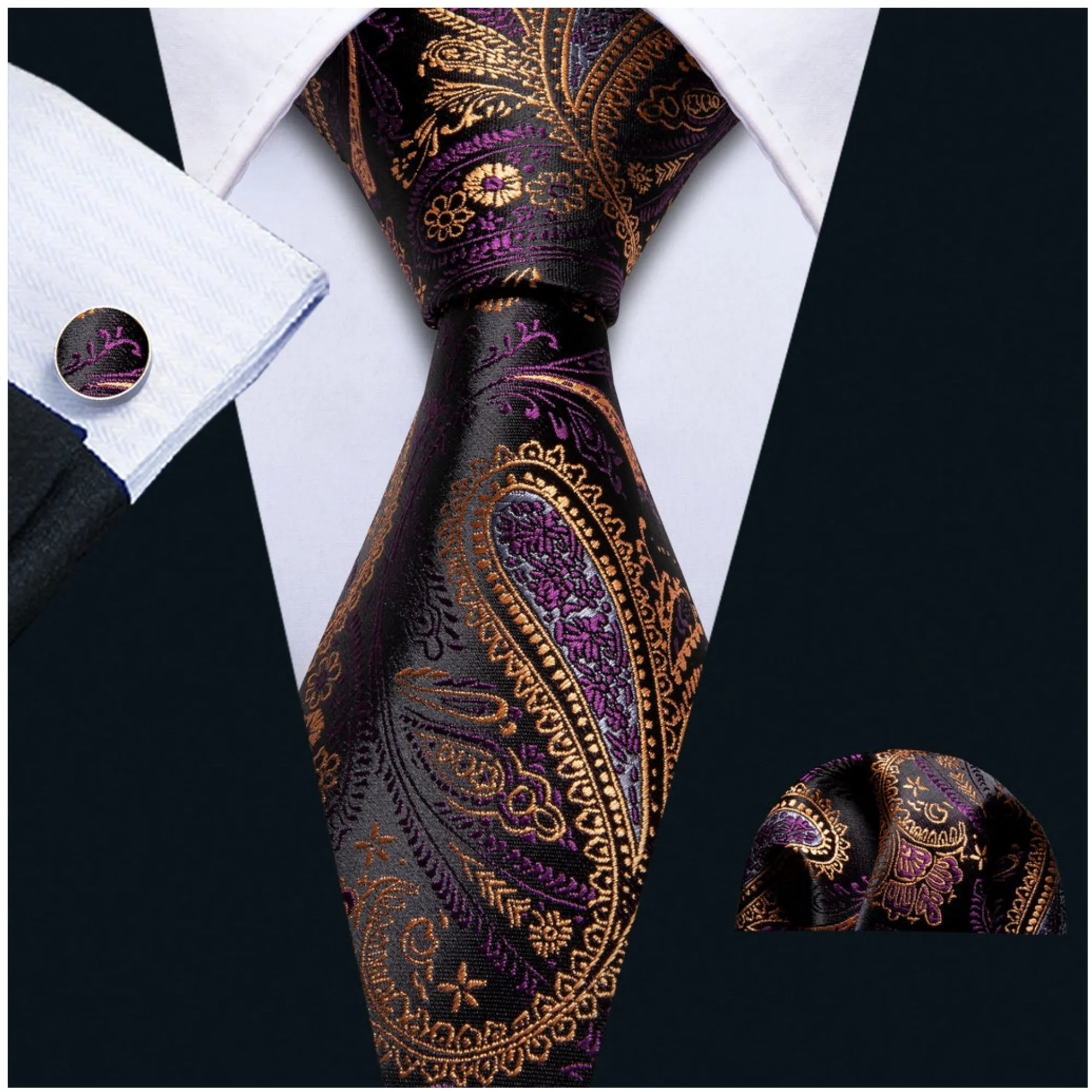 Men's Purple And Yellow Paisley 100% Silk Neck Tie With Matching Hanky And Cufflinks Set