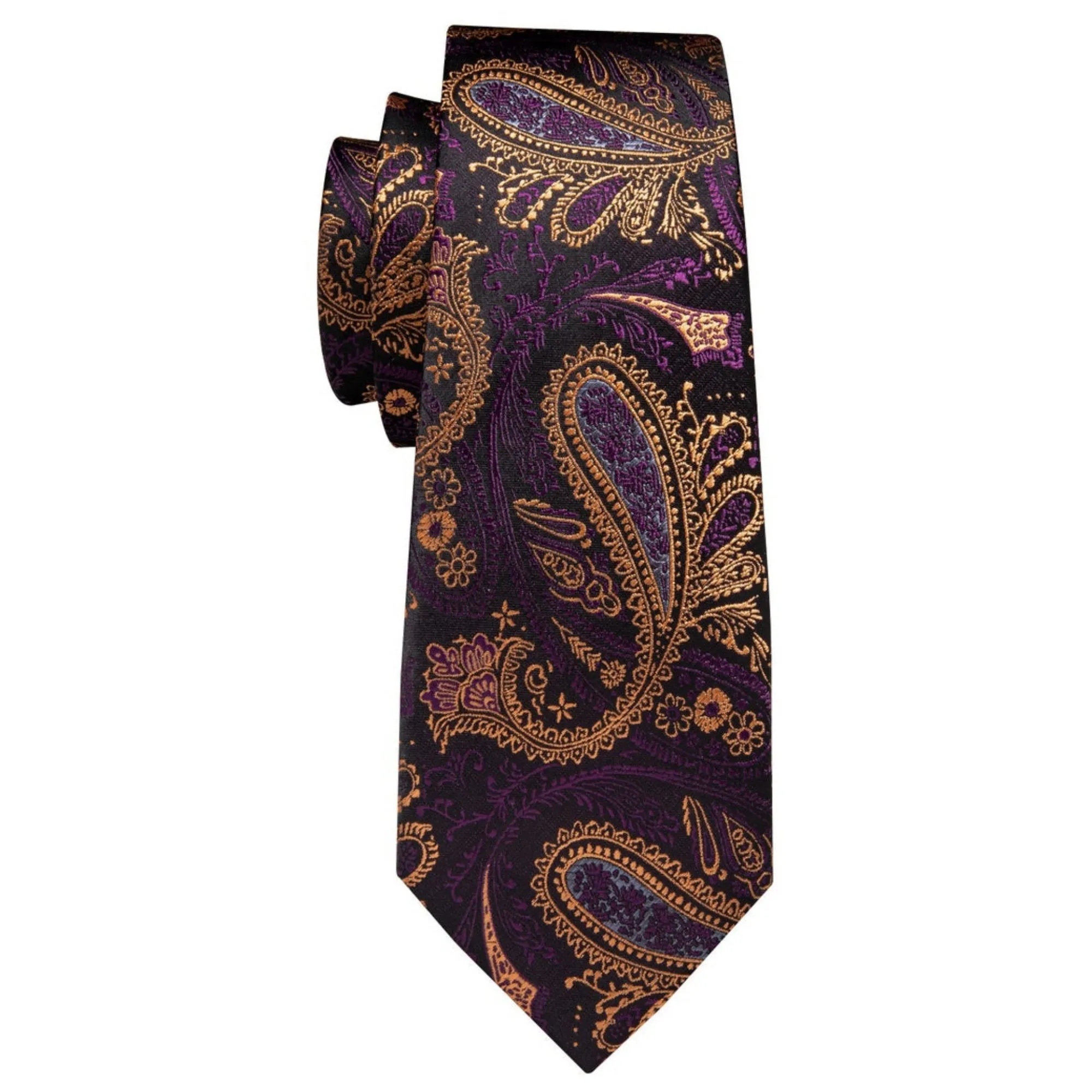 Men's Purple And Yellow Paisley 100% Silk Neck Tie With Matching Hanky And Cufflinks Set