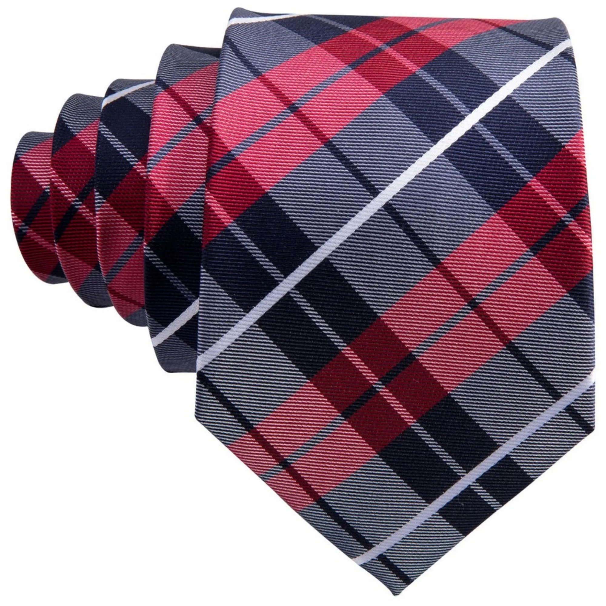 Men's Red And Navy Blue Plaid 100% Silk Neck Tie With Matching Hanky And Cufflinks Set
