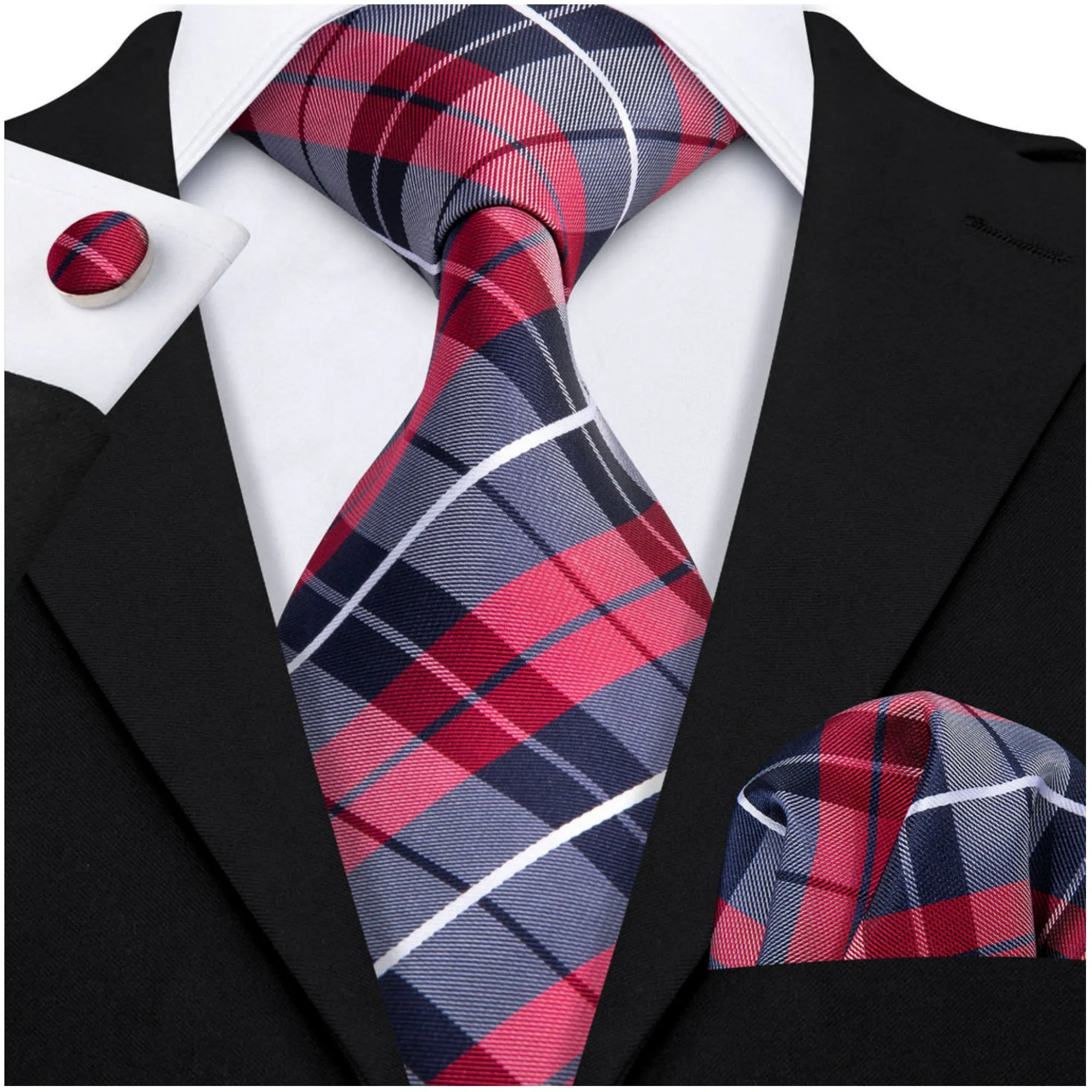 Men's Red And Navy Blue Plaid 100% Silk Neck Tie With Matching Hanky And Cufflinks Set
