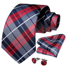 Men's Red And Navy Blue Plaid 100% Silk Neck Tie With Matching Hanky And Cufflinks Set