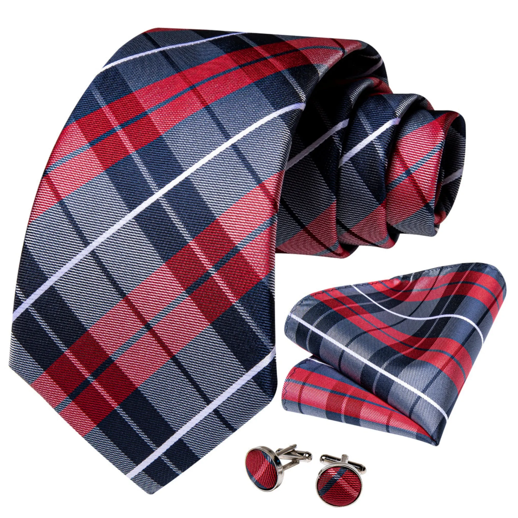 Men's Red And Navy Blue Plaid 100% Silk Neck Tie With Matching Hanky And Cufflinks Set