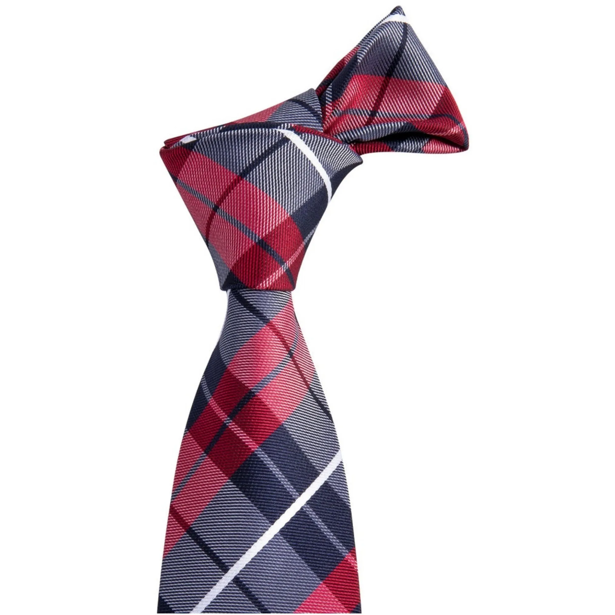 Men's Red And Navy Blue Plaid 100% Silk Neck Tie With Matching Hanky And Cufflinks Set