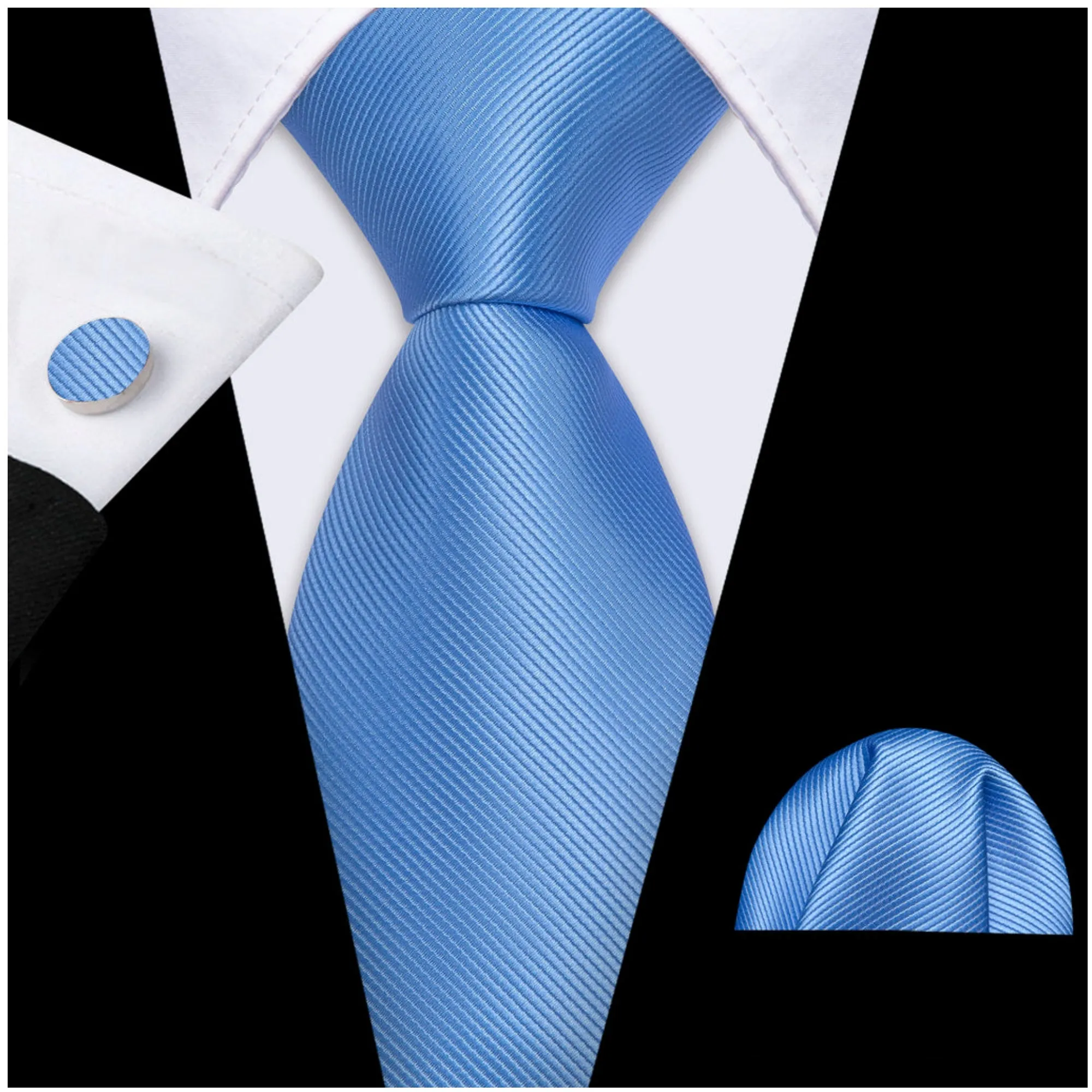 Men's Sky Blue Solid Color 100% Silk Neck Tie With Matching Hanky And Cufflinks Set