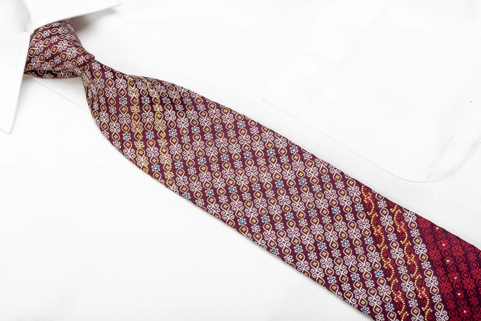 Mila Schon Men's Crystal Rhinestone Necktie Scrolls On Burgundy With Gold Sparkles