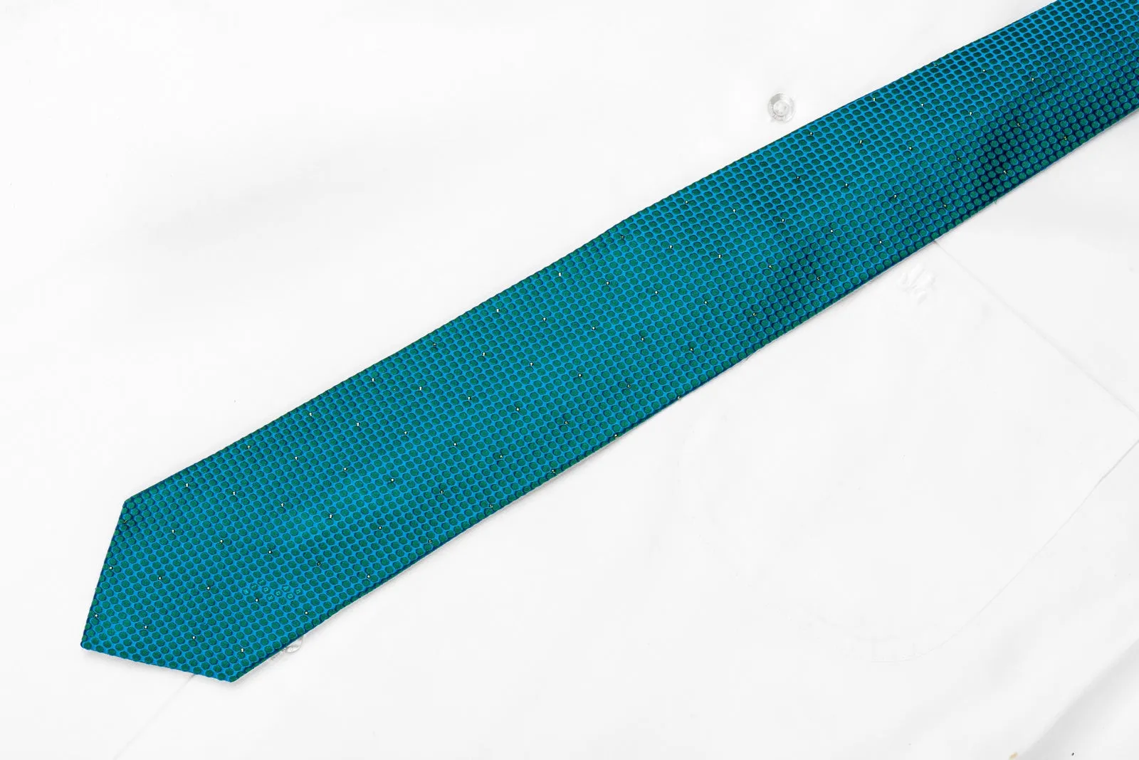 Mila Schon Men's Crystal Silk Tie Green Turquoise Geometric Trellis