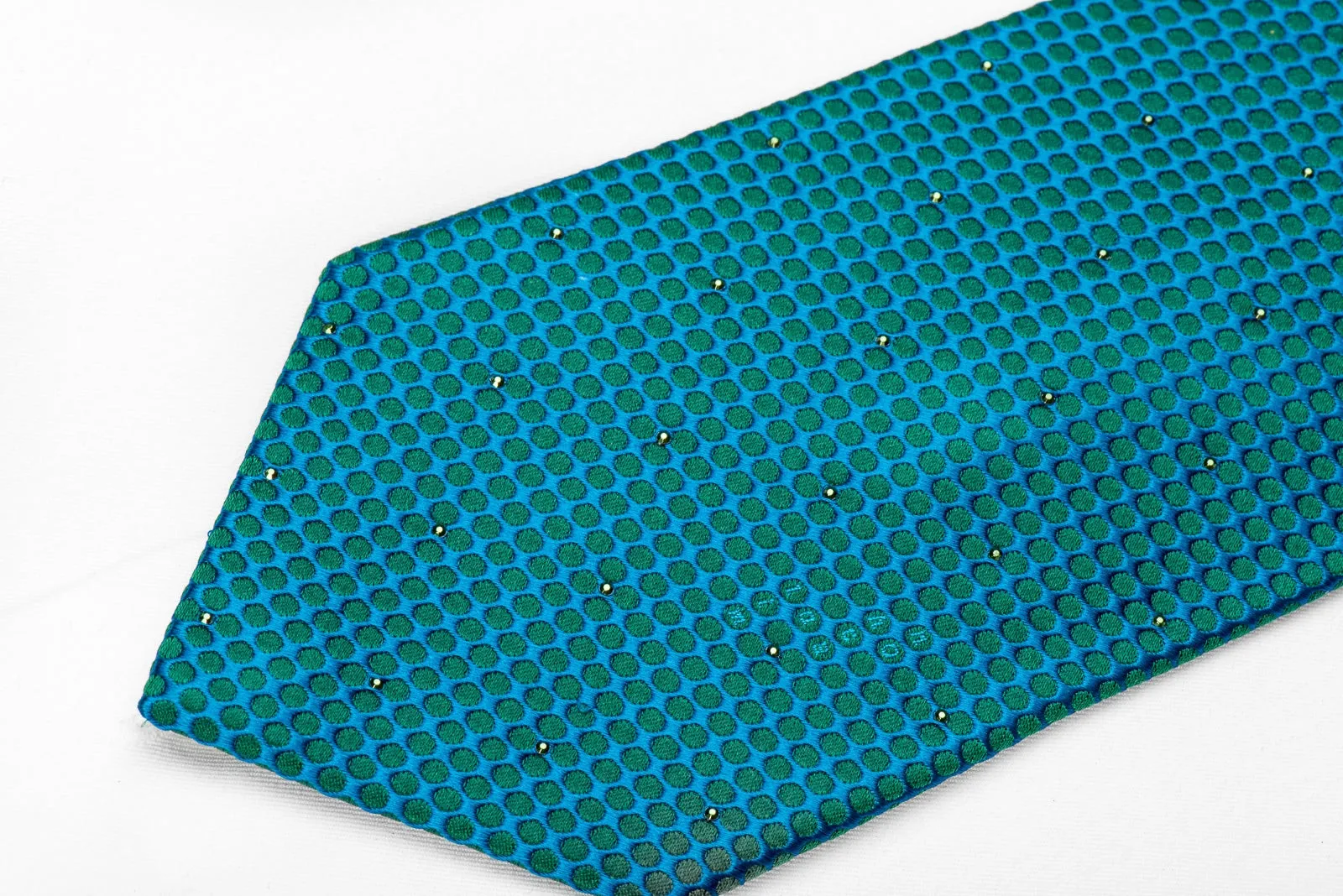 Mila Schon Men's Crystal Silk Tie Green Turquoise Geometric Trellis