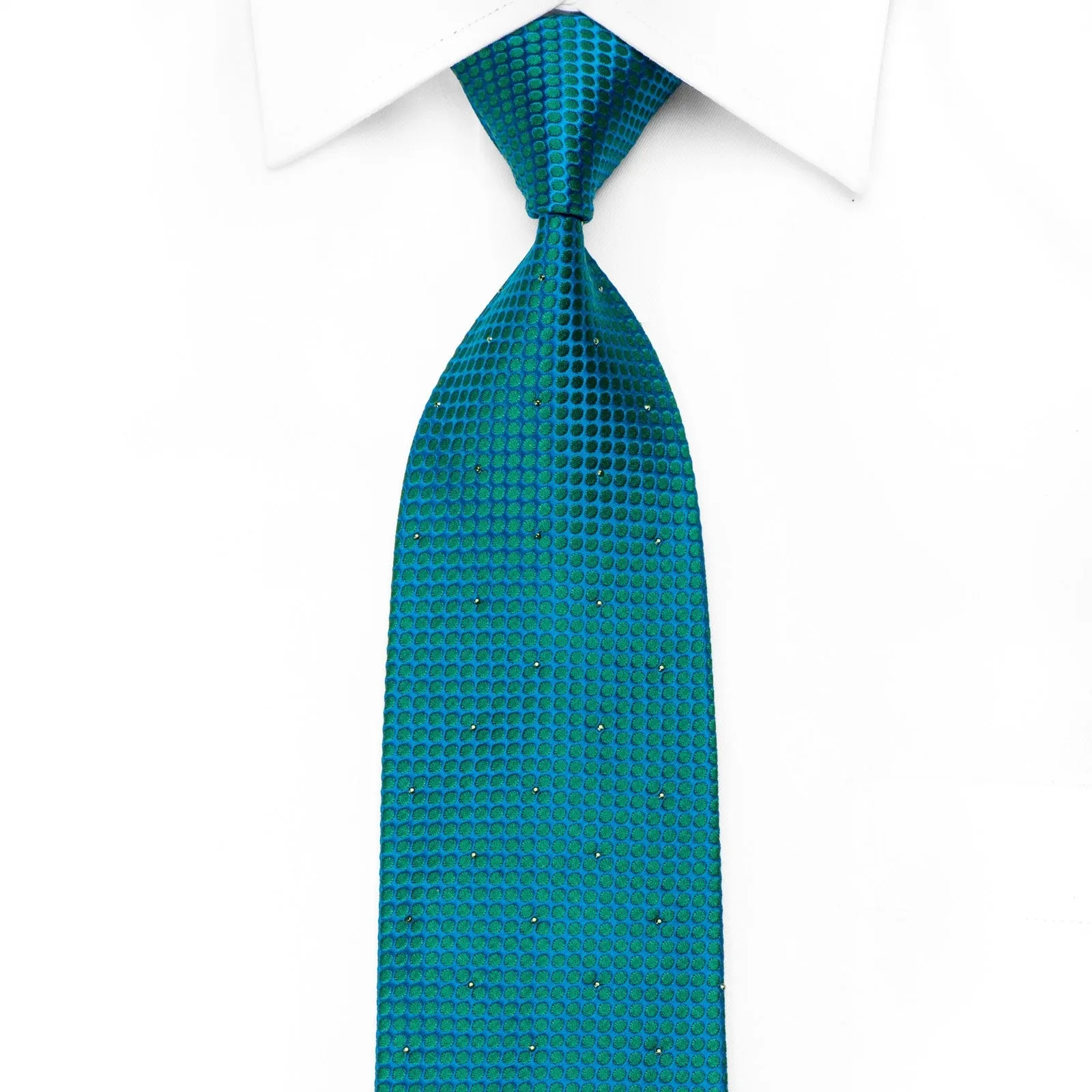 Mila Schon Men's Crystal Silk Tie Green Turquoise Geometric Trellis
