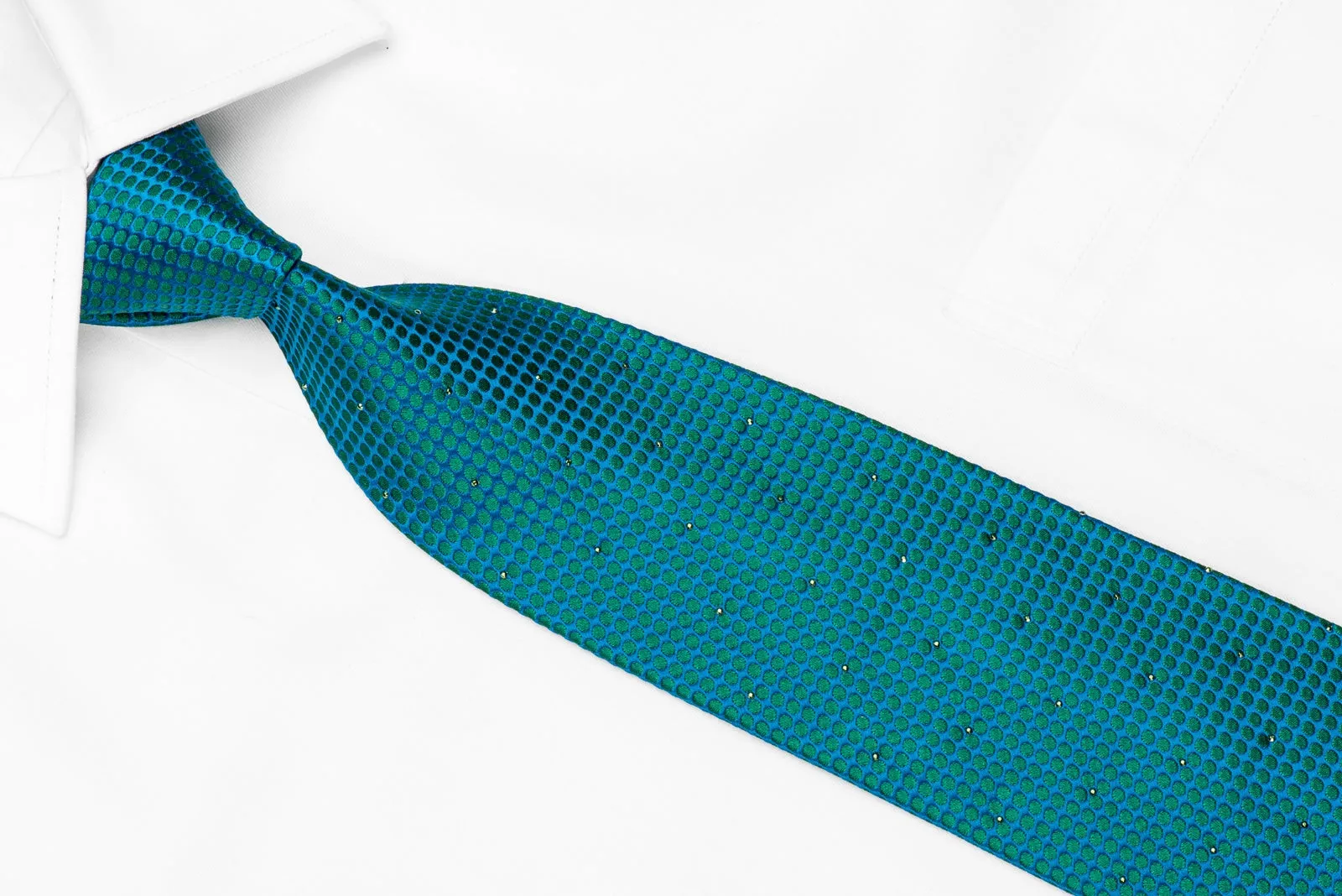 Mila Schon Men's Crystal Silk Tie Green Turquoise Geometric Trellis