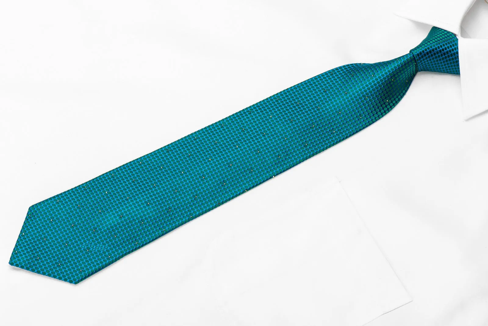 Mila Schon Men's Crystal Silk Tie Green Turquoise Geometric Trellis