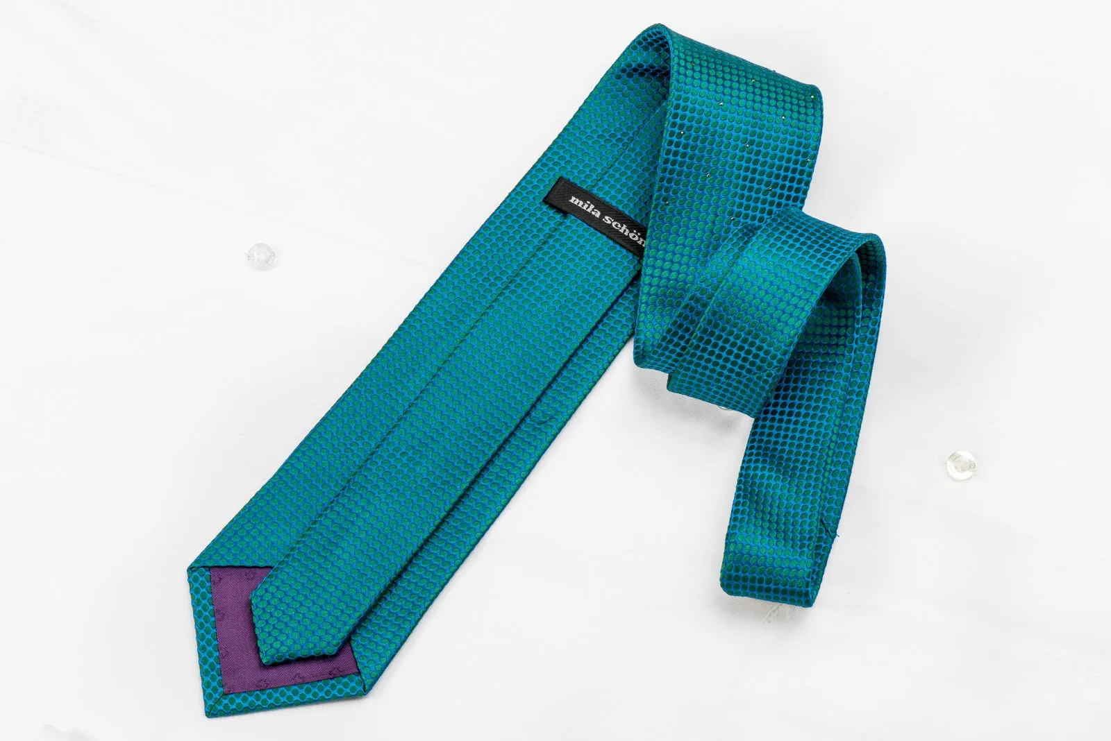 Mila Schon Men's Crystal Silk Tie Green Turquoise Geometric Trellis