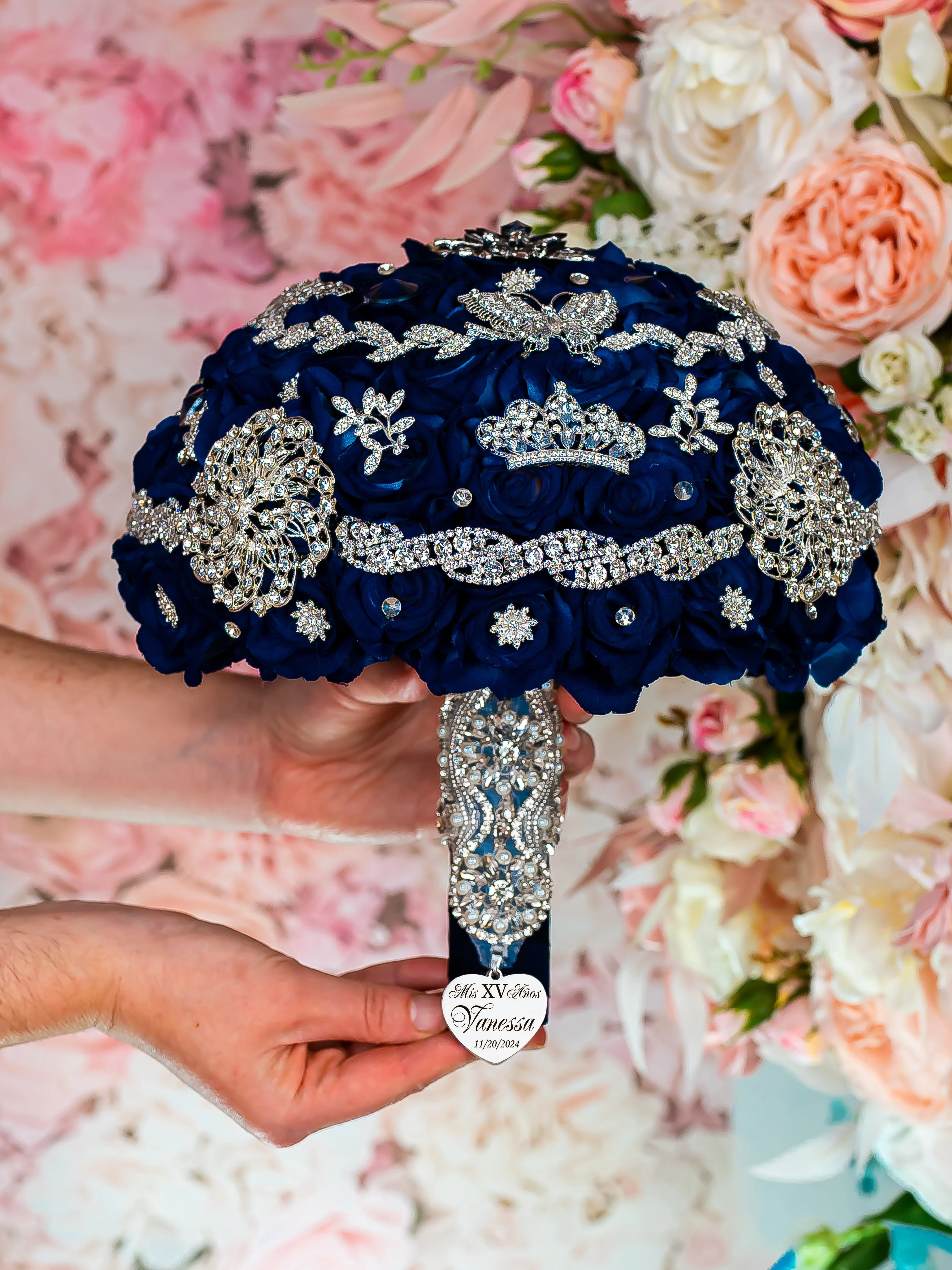Navy Blue with silver quinceanera bouquet 9 inches