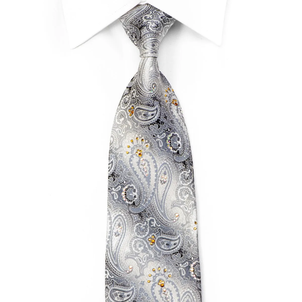 Nicole St Giles Crystal Silk Necktie Paisley On Silver Sparkling With Rhinestones