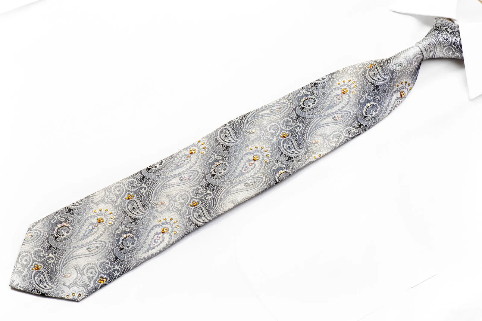 Nicole St Giles Crystal Silk Necktie Paisley On Silver Sparkling With Rhinestones