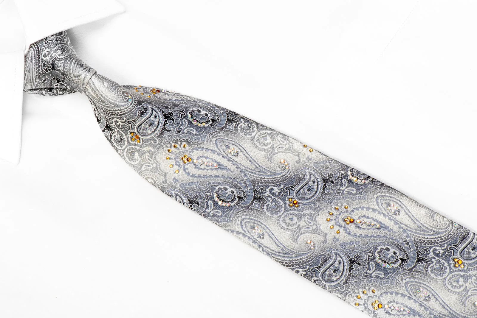 Nicole St Giles Crystal Silk Necktie Paisley On Silver Sparkling With Rhinestones