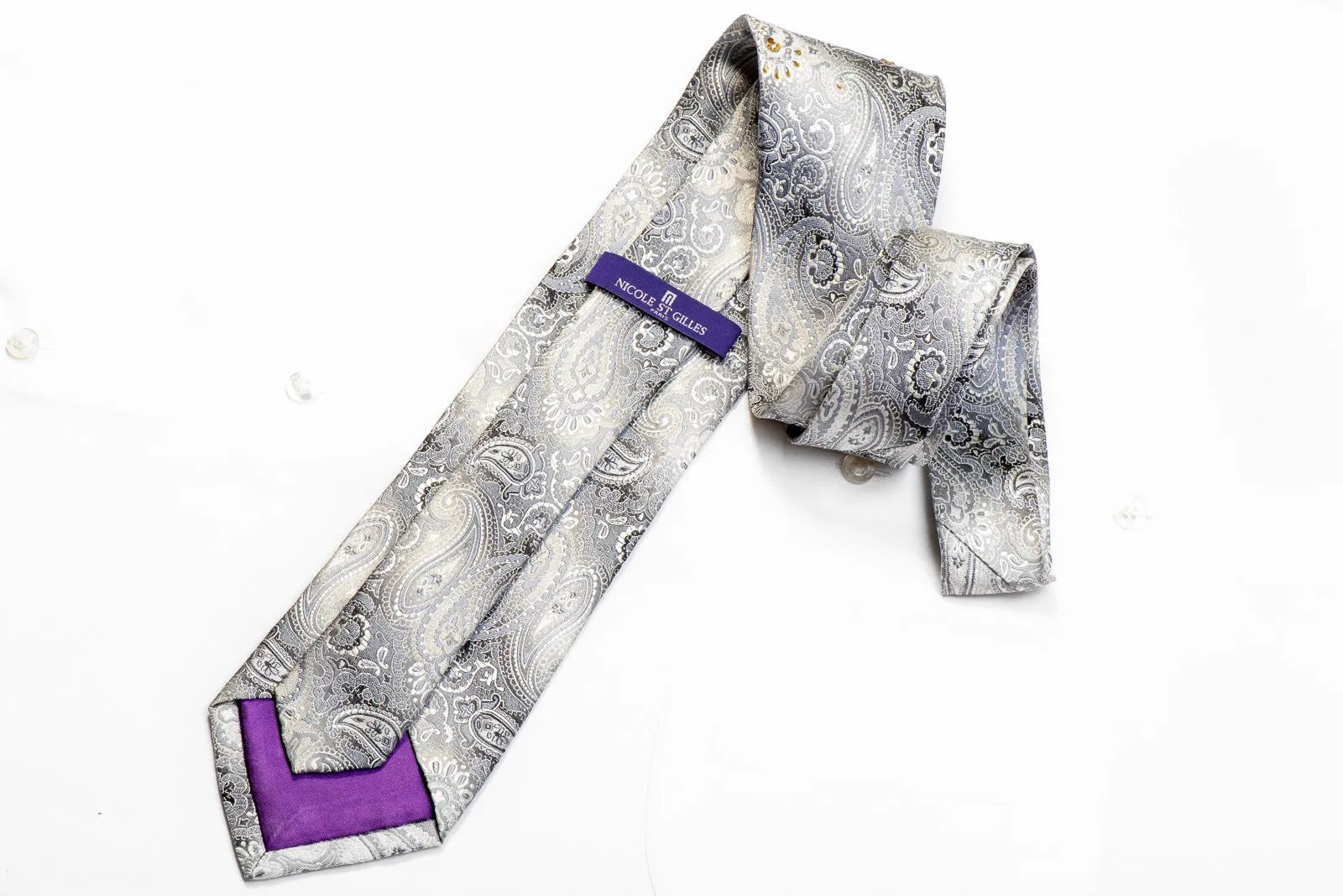 Nicole St Giles Crystal Silk Necktie Paisley On Silver Sparkling With Rhinestones