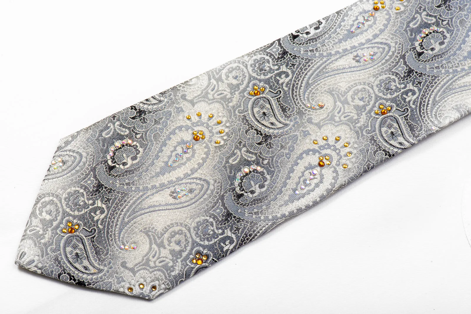 Nicole St Giles Crystal Silk Necktie Paisley On Silver Sparkling With Rhinestones