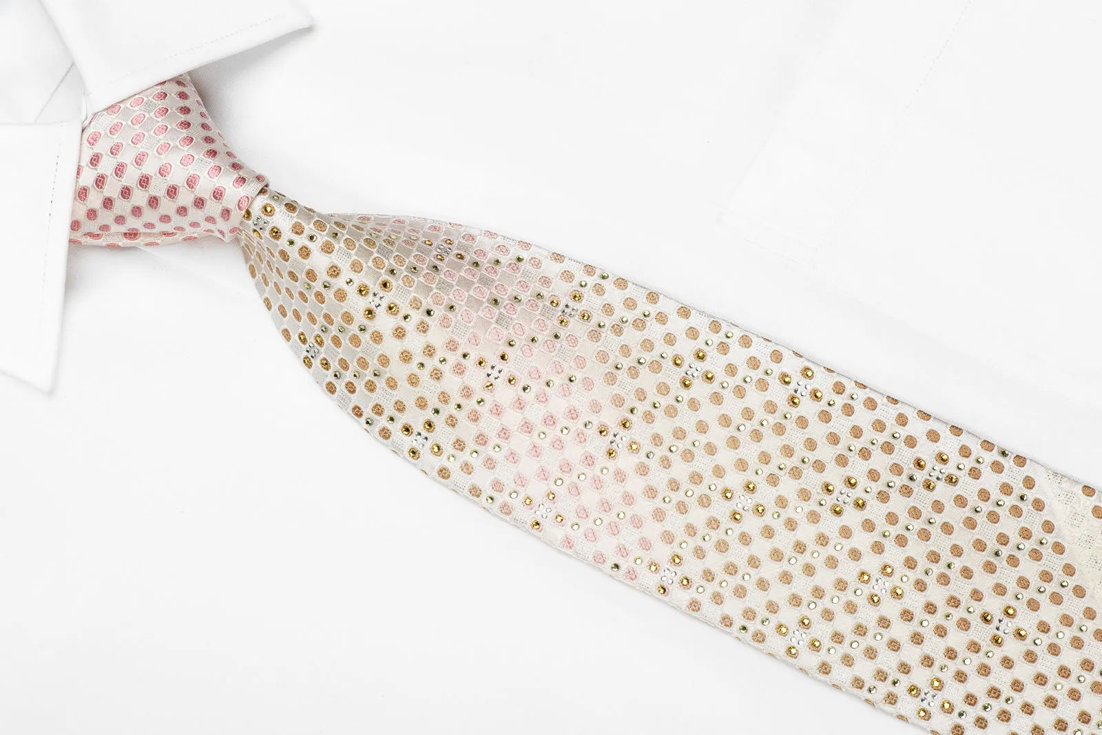 Nicole St Giles Men's Men's Crystal Silk Necktie Pink Beige Checkered On Ivory White Anthemion With Sparkles